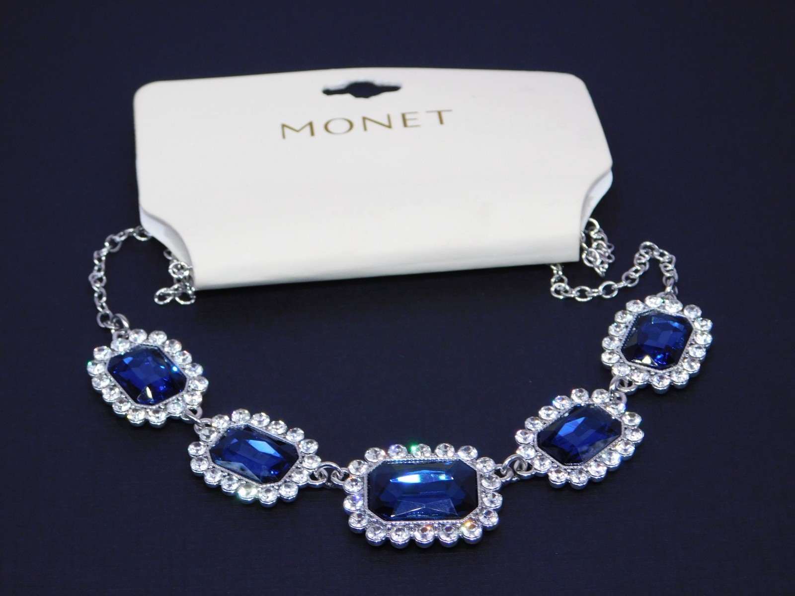 MONET Blue Faceted Glass Rhinestone Statement Necklace New with Tag