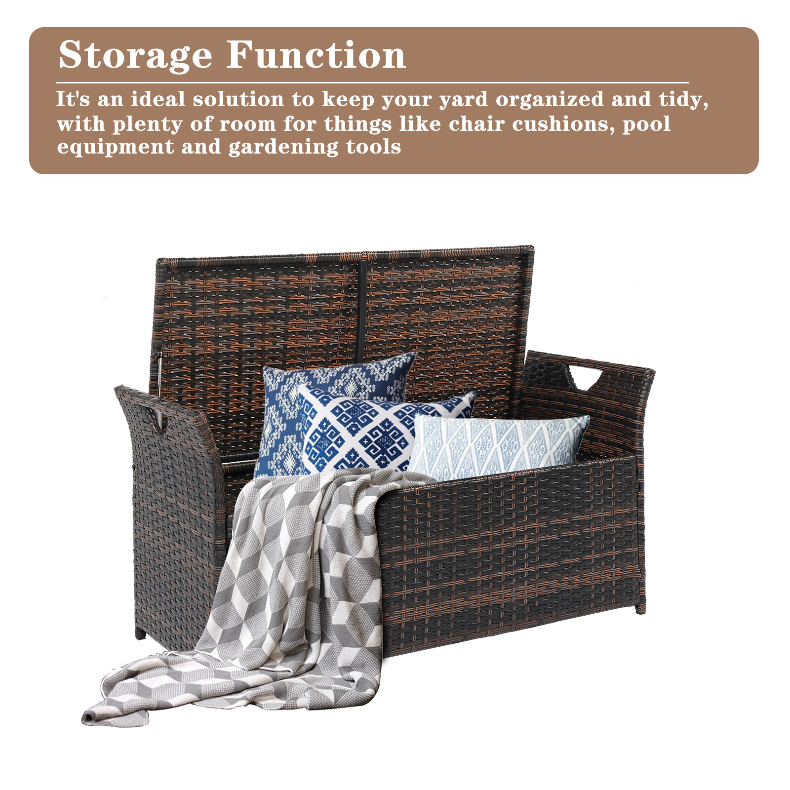 Outdoor Storage Bench Rattan Storage Box Patio Wicker Deck Box with Seat Cushion