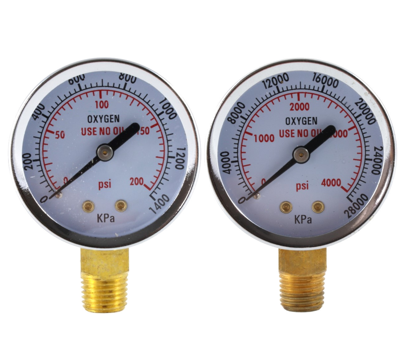 Low and High Pressure Gauges for Oxygen Regulator - 2 inches - 1/4" NPT (PAIR)