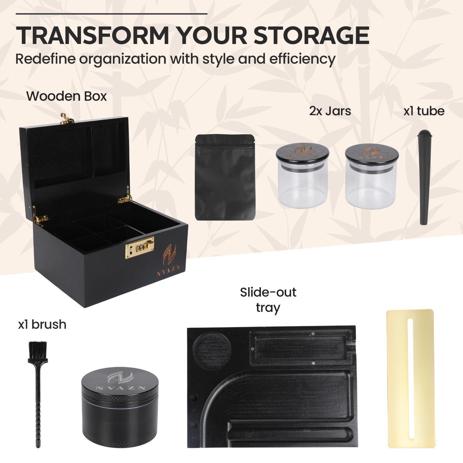 Stash Box Large - Smell Proof Bamboo Box with Rolling Tray - Storage Wood Box