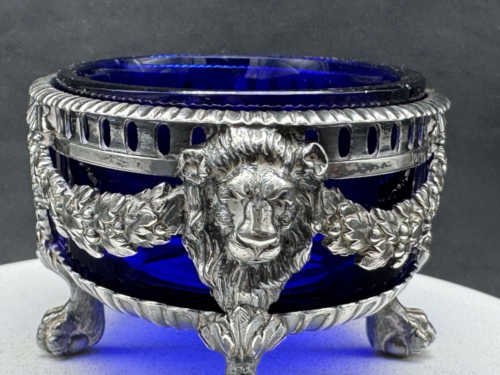 ANTIQUE FRENCH STERLING SILVER MASTER SALT CELLAR W/ COBALT BLUE GLASS INSERT