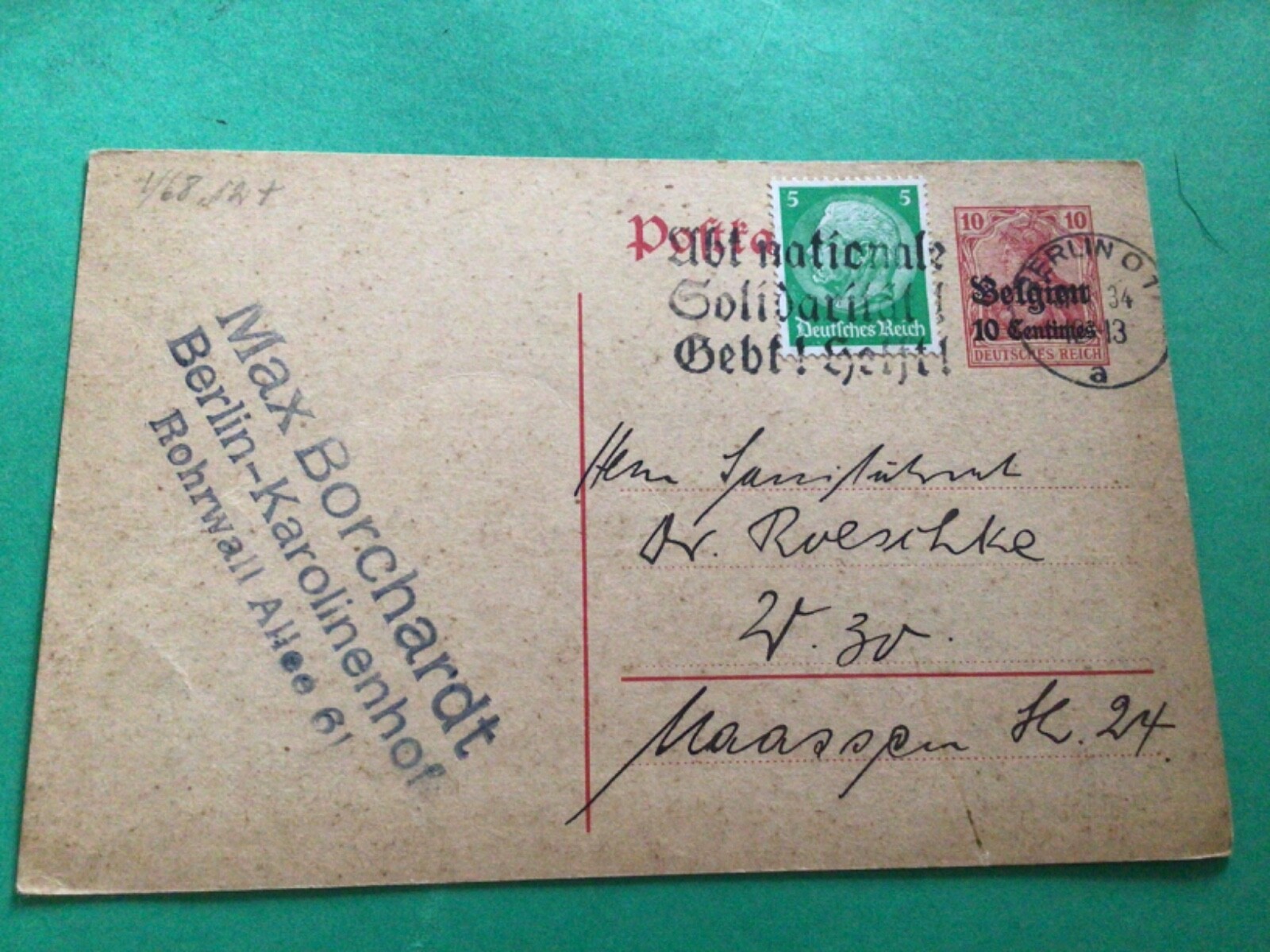 Germany Occupied territories Belgium 1934  used postcard  A17951