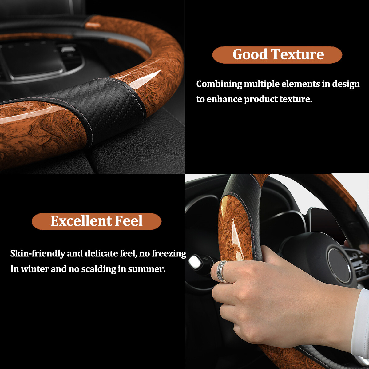 38cm/15" Car Steering Wheel Cover Mahogany Wood Grain Anti-slip Accessories