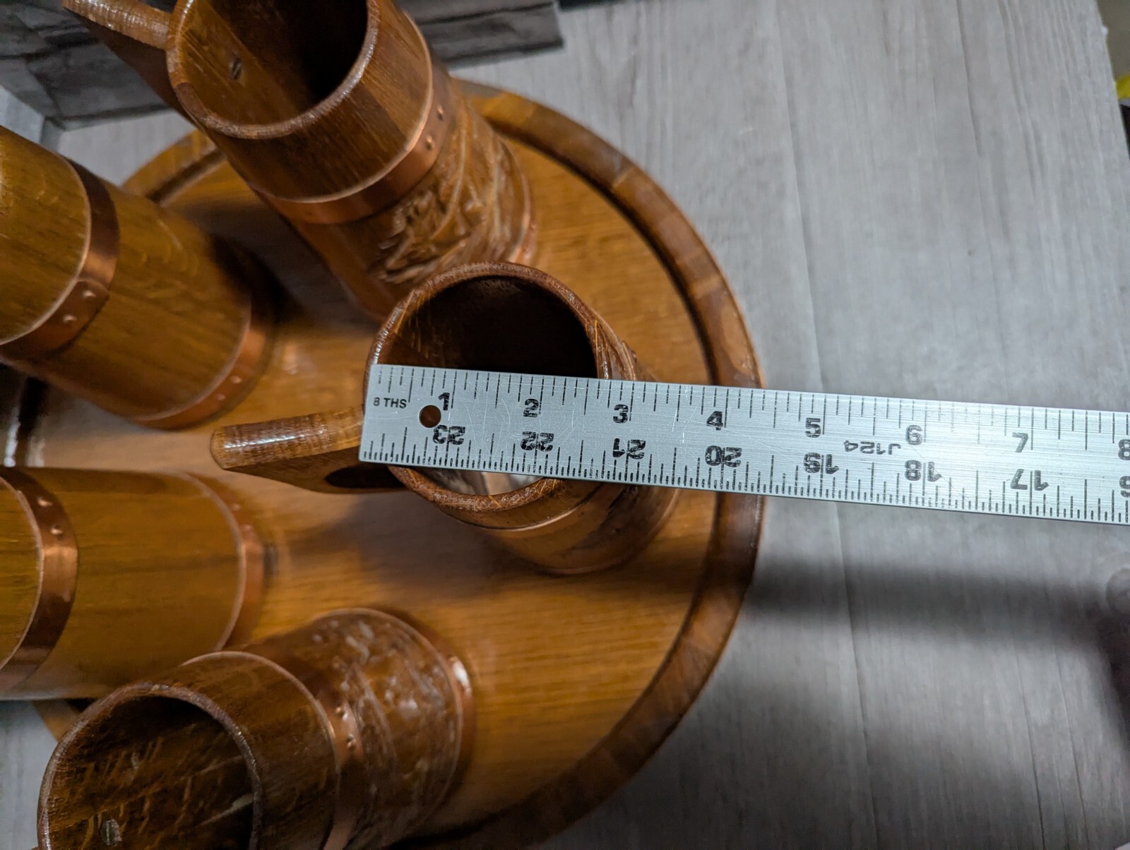 Vtg Set Of 5 Wood & Copper Beer Mug Stein Tankard Cups w/Tray Viking Bar Decor