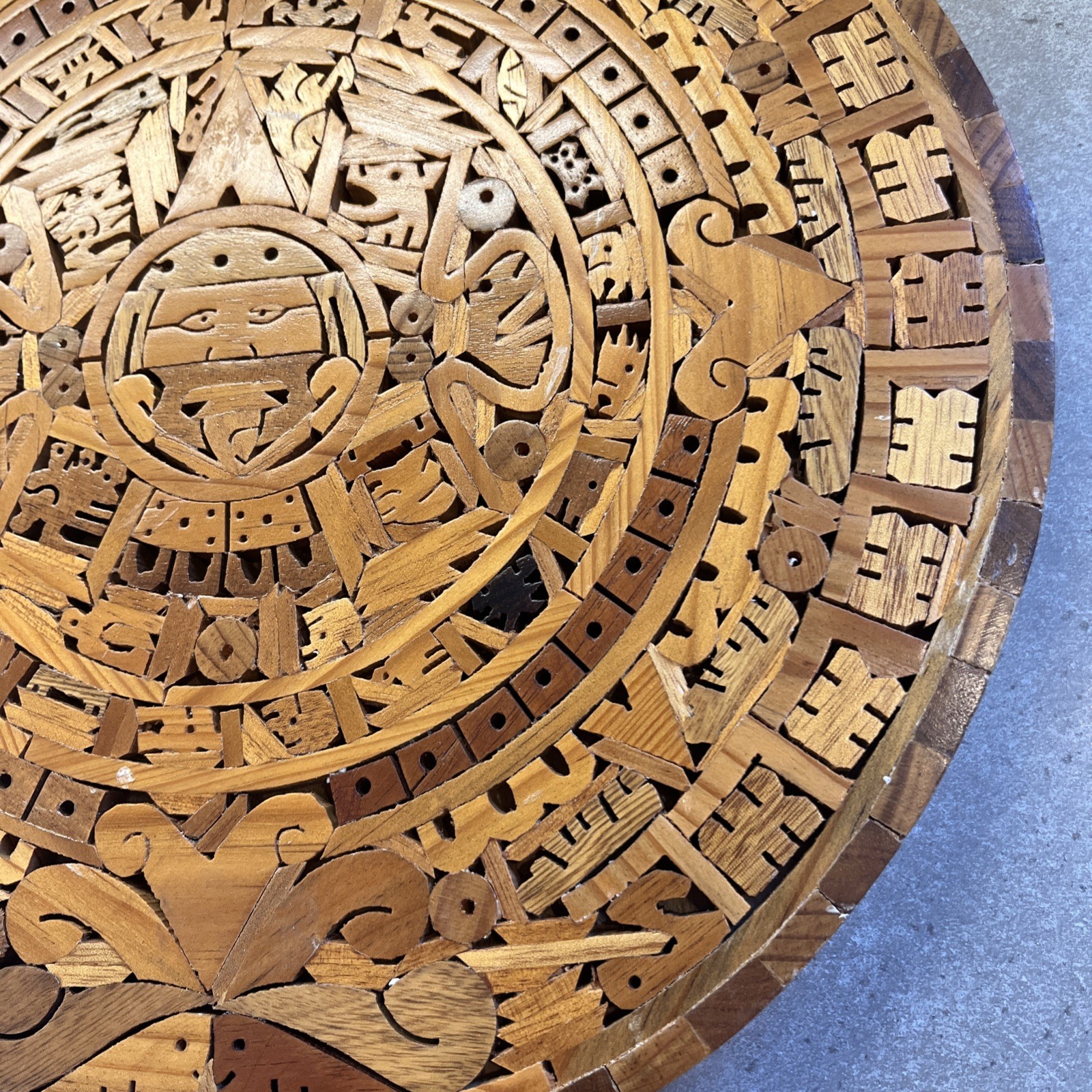 Vintage Aztec Mayan Calendar Mexico Inlaid Wall Hanging 13” Solid Wood