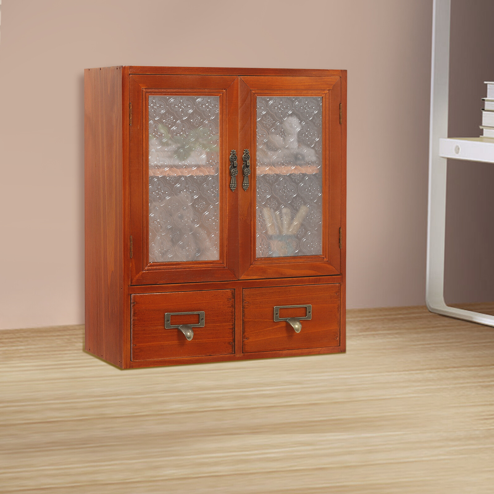 Wood Storage Cabinet, 2-tier Storage Cabinet with 2 drawers, Double Door Storage