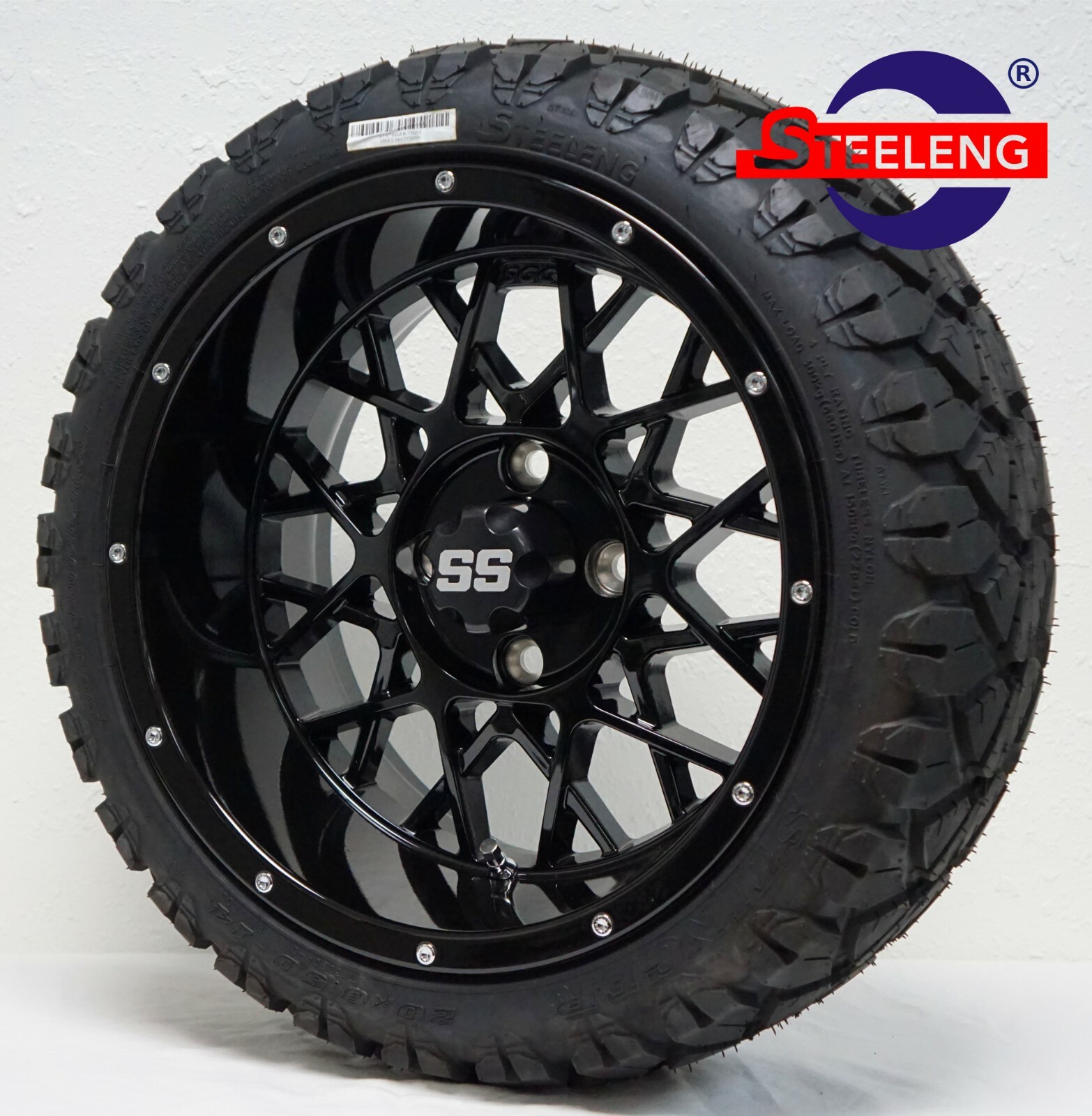 GOLF CART 14" BLACK VENOM WHEELS and 20" STINGER ALL TERRAIN TIRES DOT RATED