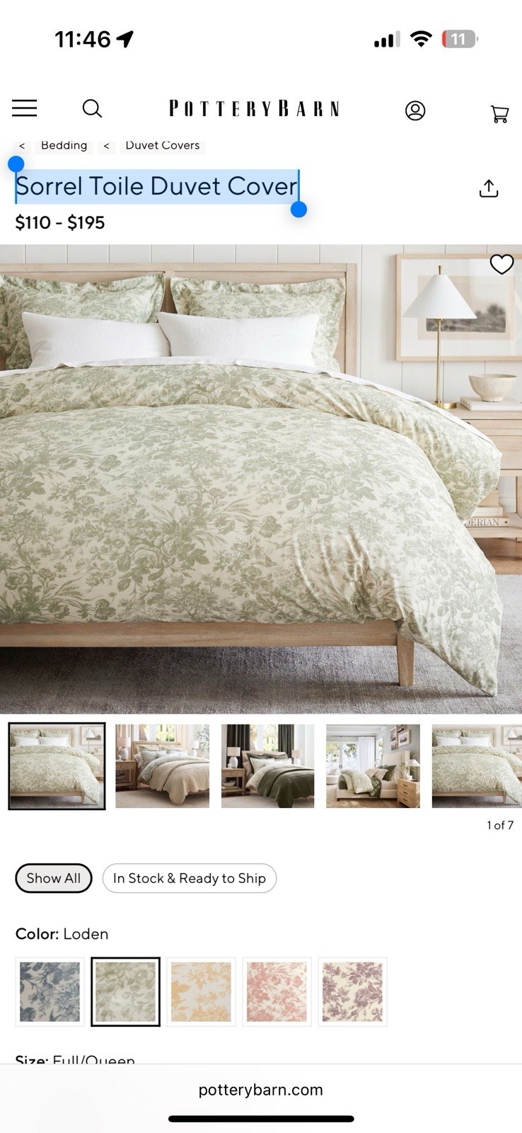 Pottery Barn Sorrel Toile Duvet Cover