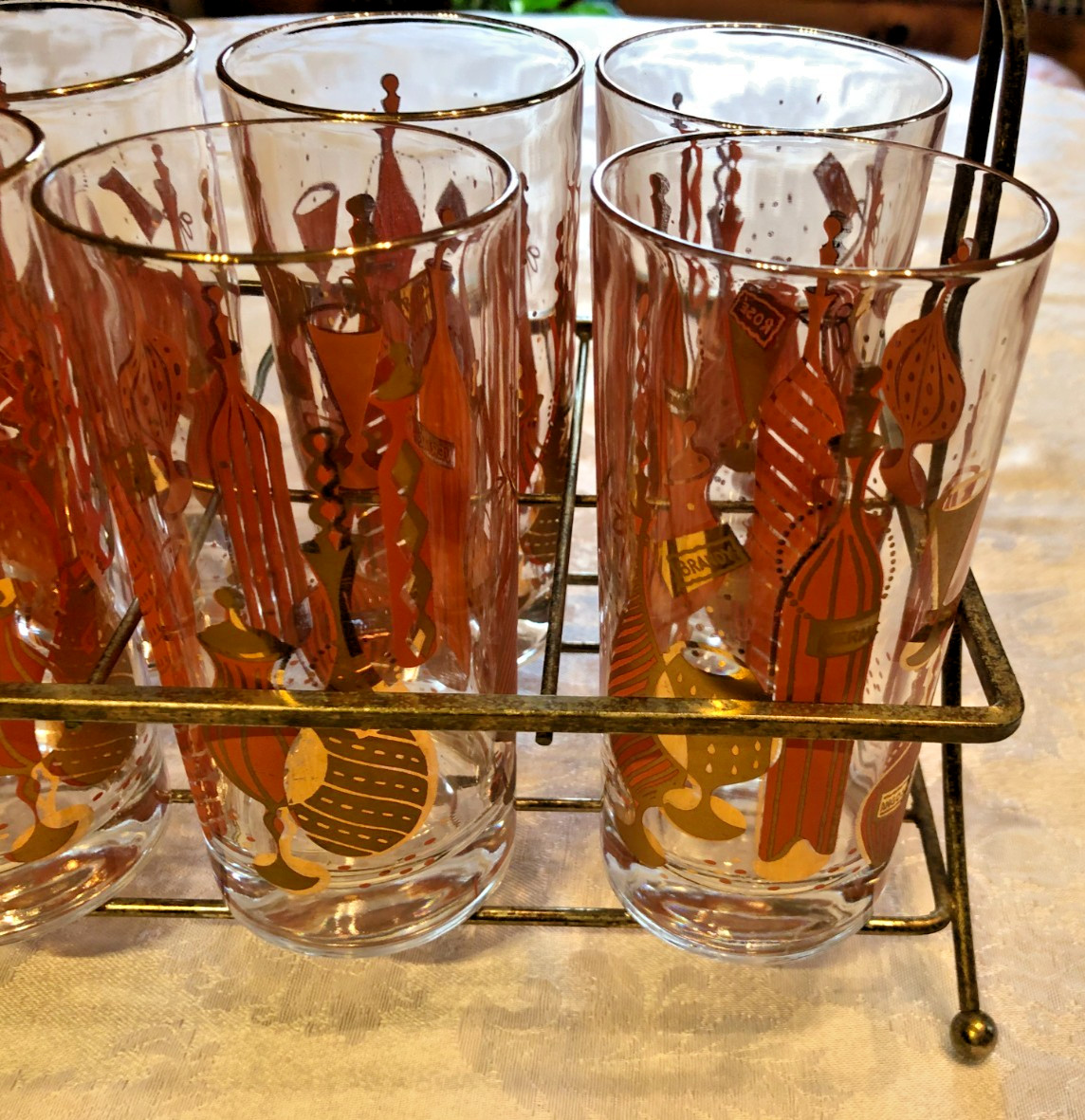 MCM Gay Fad Bordeaux Barware Highball Glasses 5.5” Set Of 8 in Carrier Caddy