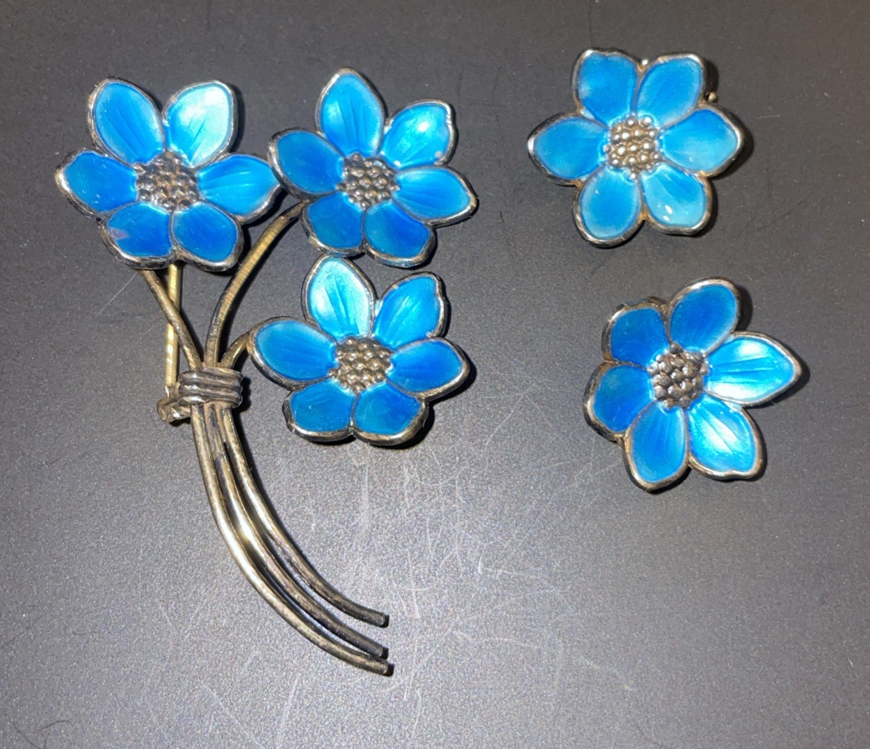 Antique 9253 Sterling Silver Enamel Painted Broach And Earrings Norway