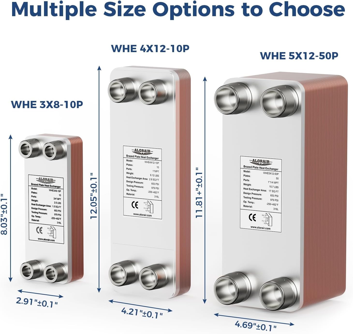 ALORAIR 20 Plate 4"x12" Brazed Plate Heat Exchanger, 1" MPT Ports, 316L St.Steel