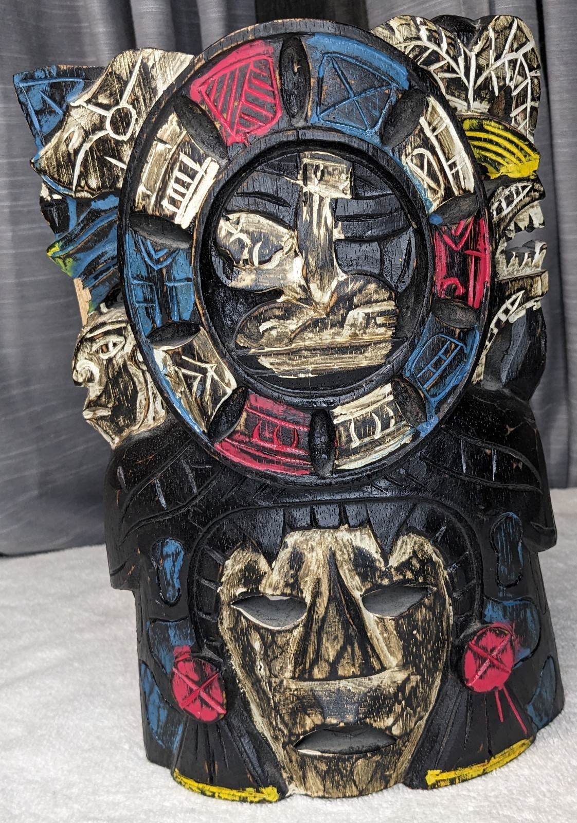 Vintage Mayan Aztec Tribal Mask Hand Carved Wood Warrior Jaguar 11.5"x7.5"