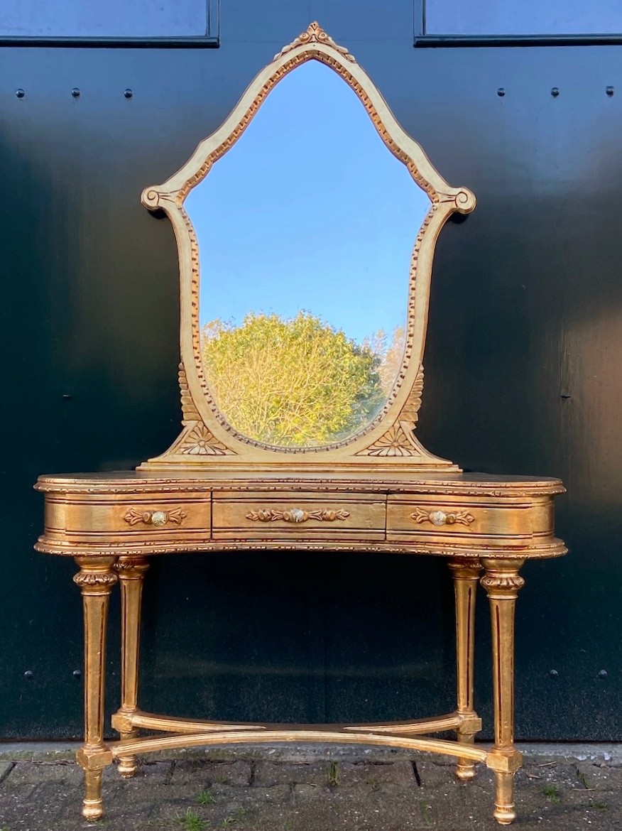 Vanity table with mirror French Louis XVI 1940s Gilt Beech Dressing Set