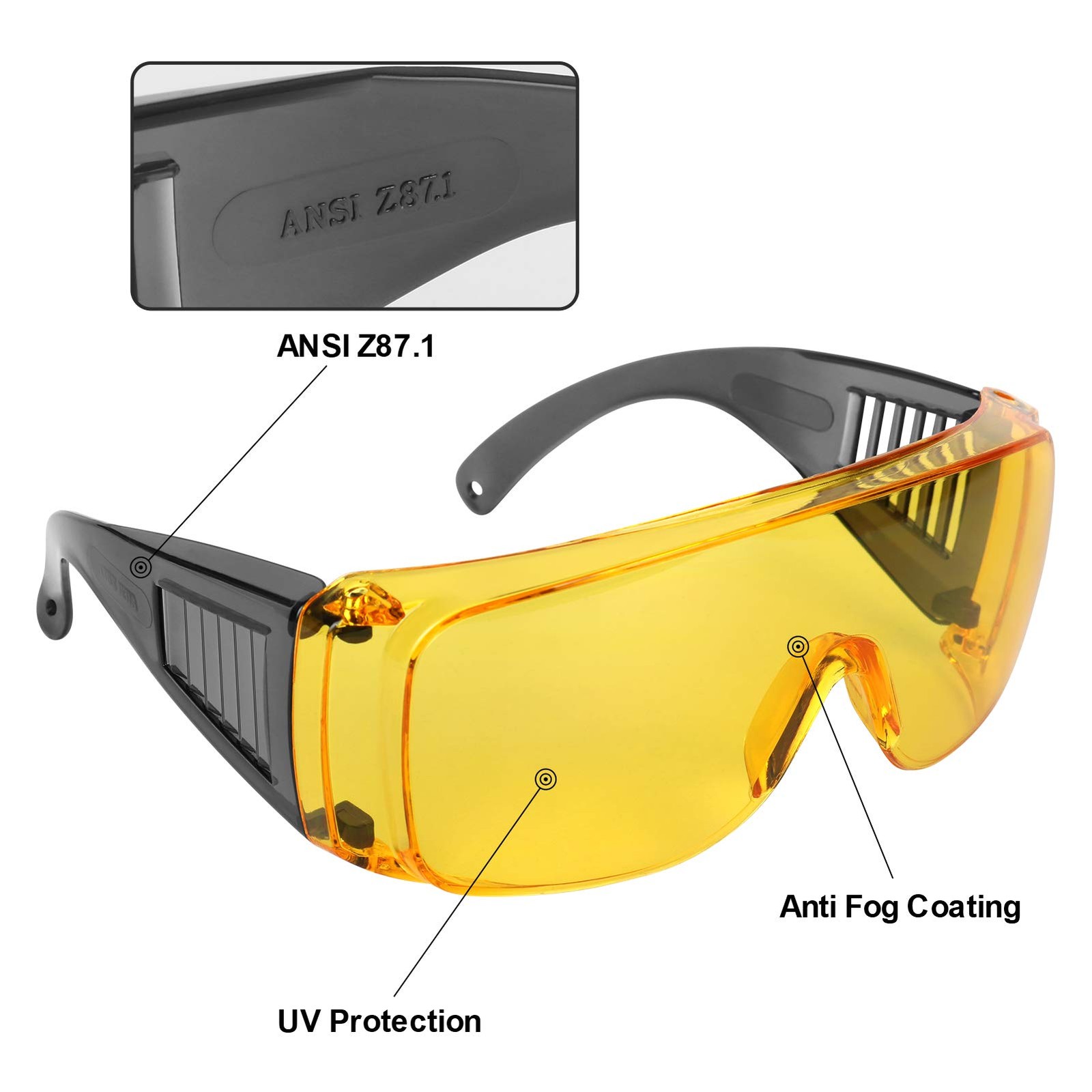 Shooting Glasses Over Eyeglasses, Anti Fog Eye 146 x 38 month, Yellow Lens