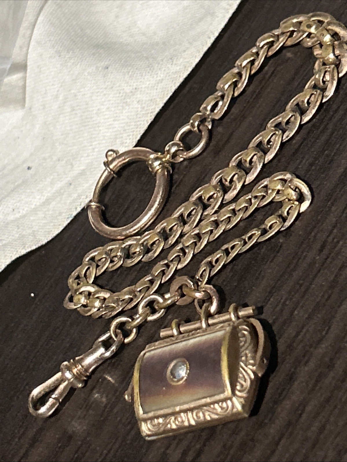 Vintage CHARNIER 1/10 Watch Chain Rose GF Abalone Carnelian Spinner GF Fob 11”