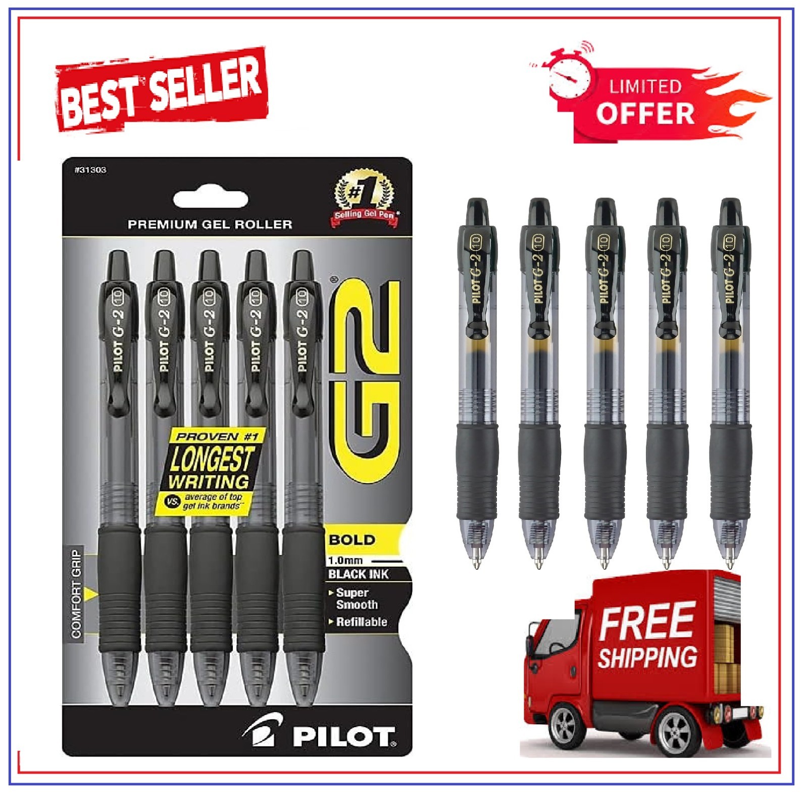 Pilot G2 Premium Gel Pens, Black Pens, Bold Point 1 mm, Pack of 5, Black