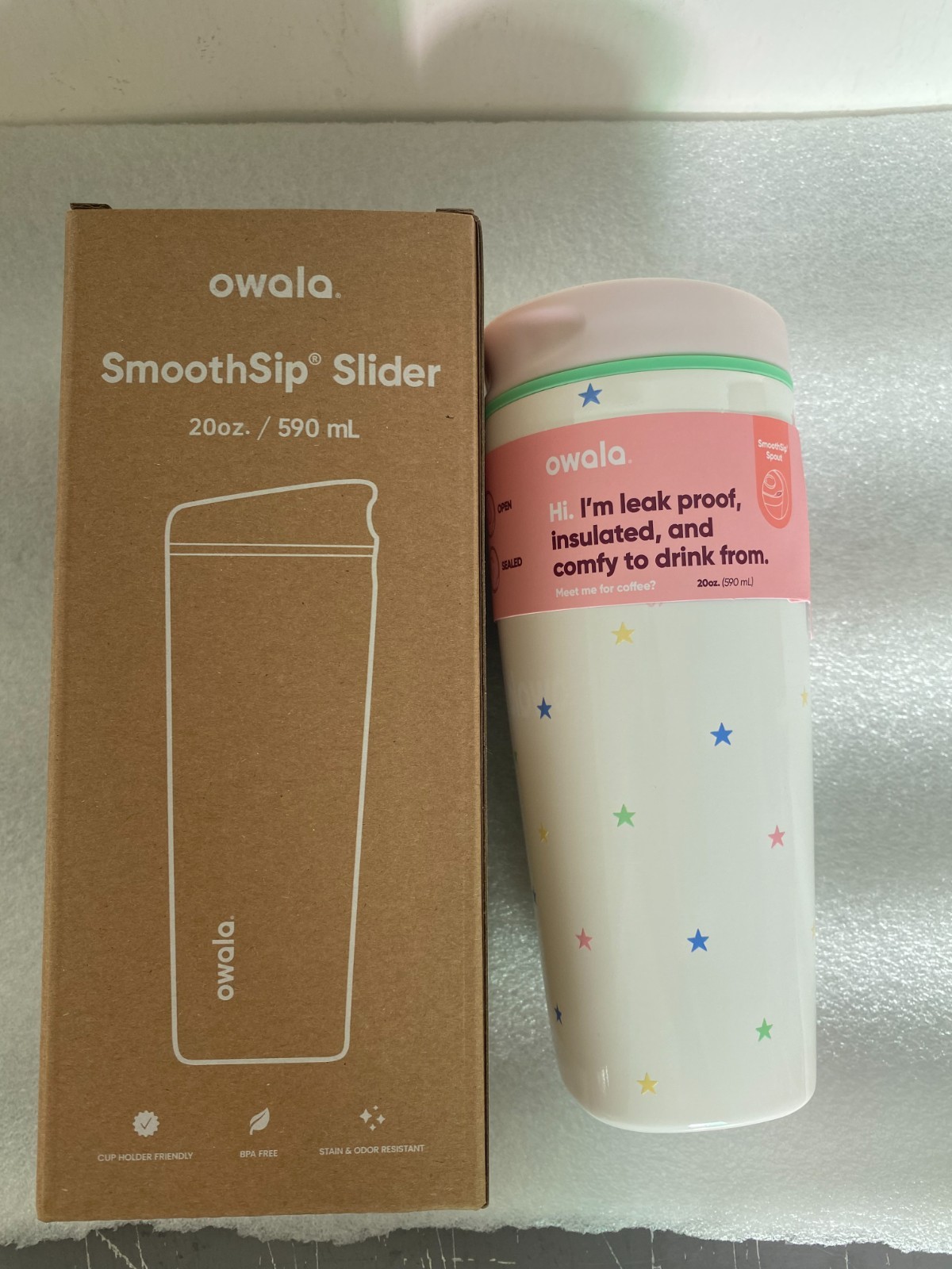 Owala "Give Me the Tea" 20oz Birthday Bash SmoothSip Slider Ceramic Stars Bottle