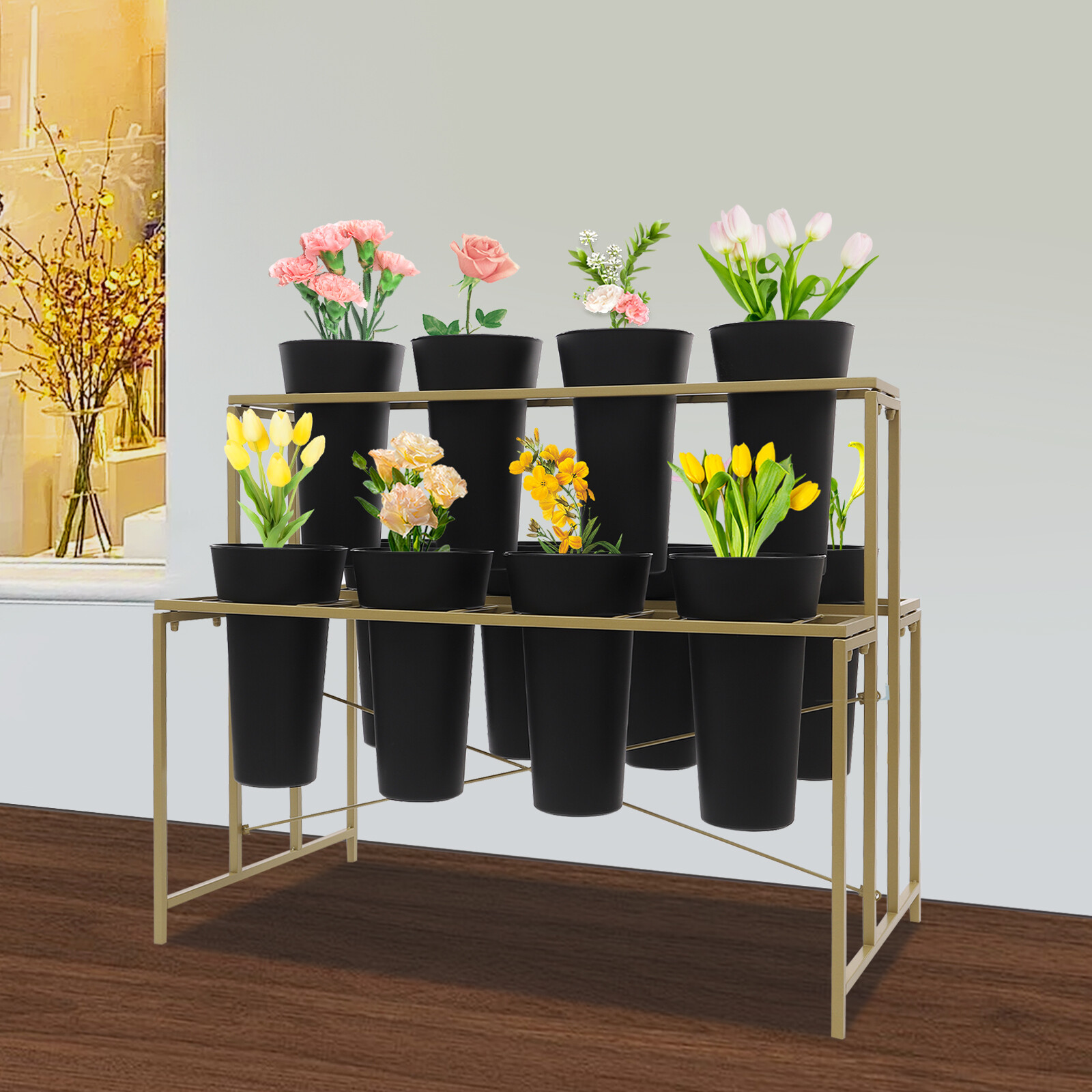 Flower Display Stand with 12 Pcs Buckets, 3 Tier Metal Stand, Indoor & Outdoor