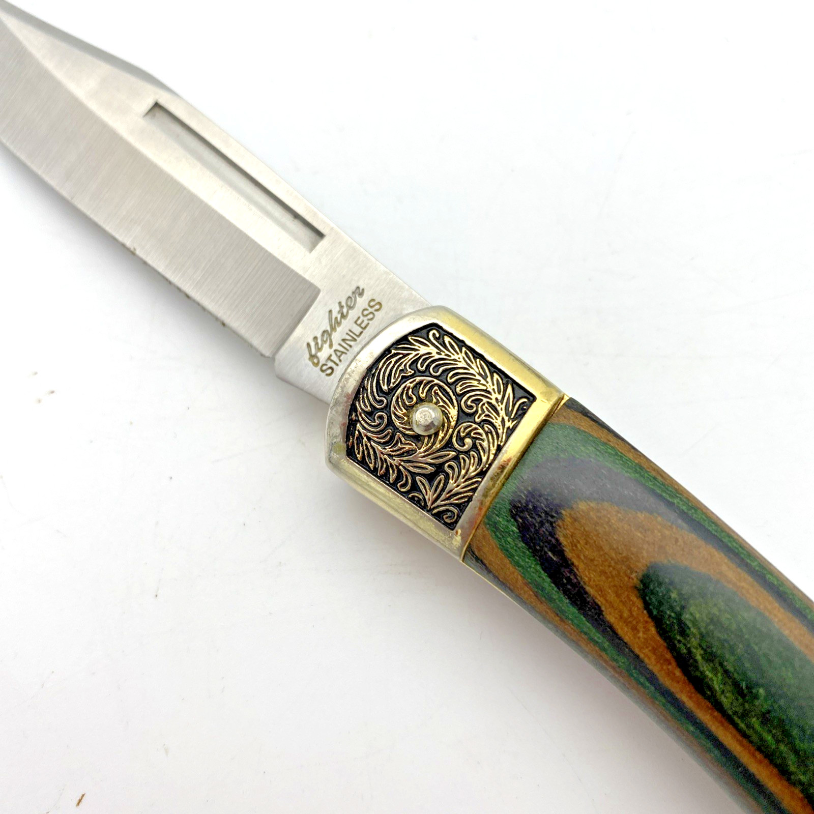 Fighter Folding Pocket Knife 4 Inch Blade Stainless Steel Blade w/ Sheath VTG