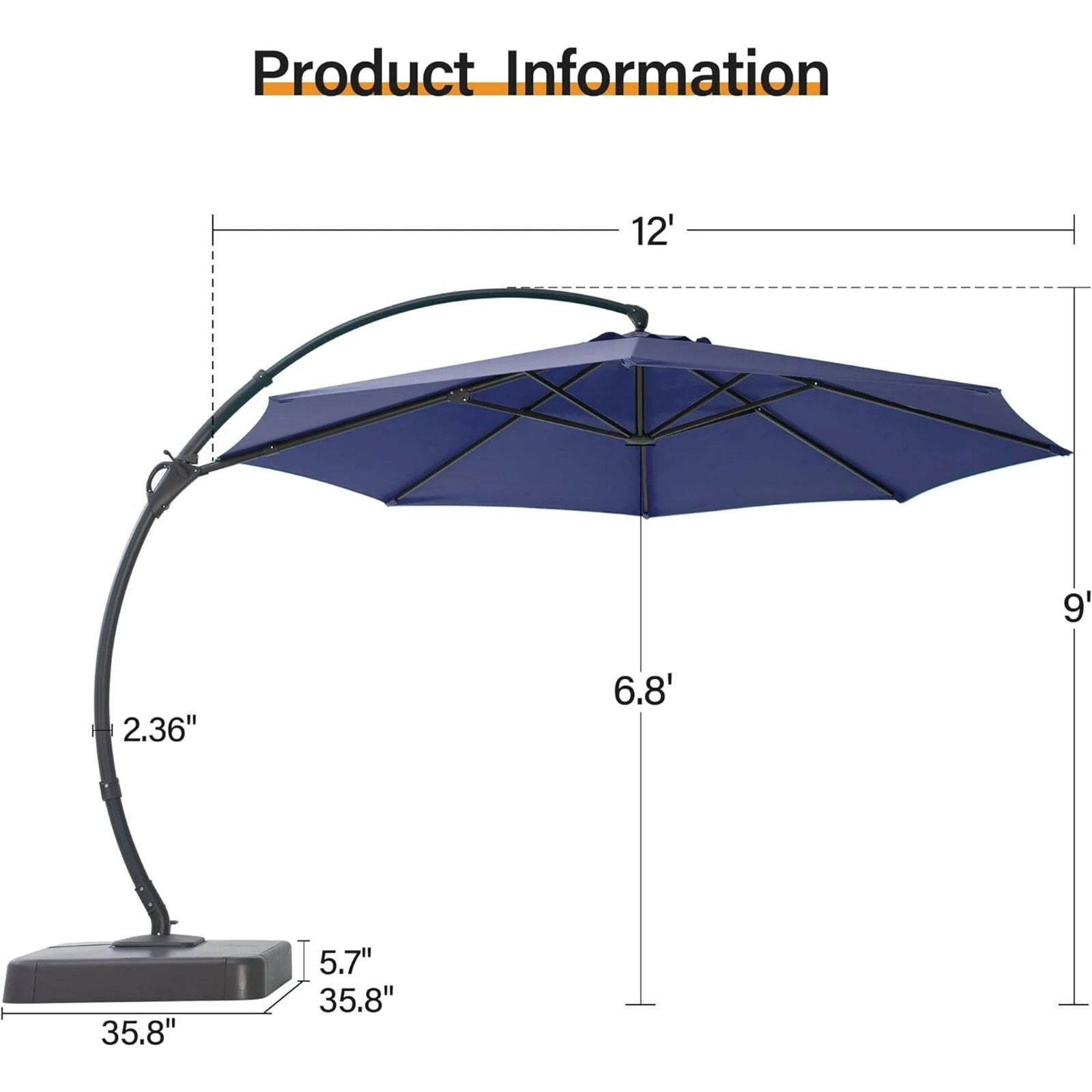 LAUSAINT HOME 12FT Sunbrella Patio Cantilever Umbrella with Base, 360°