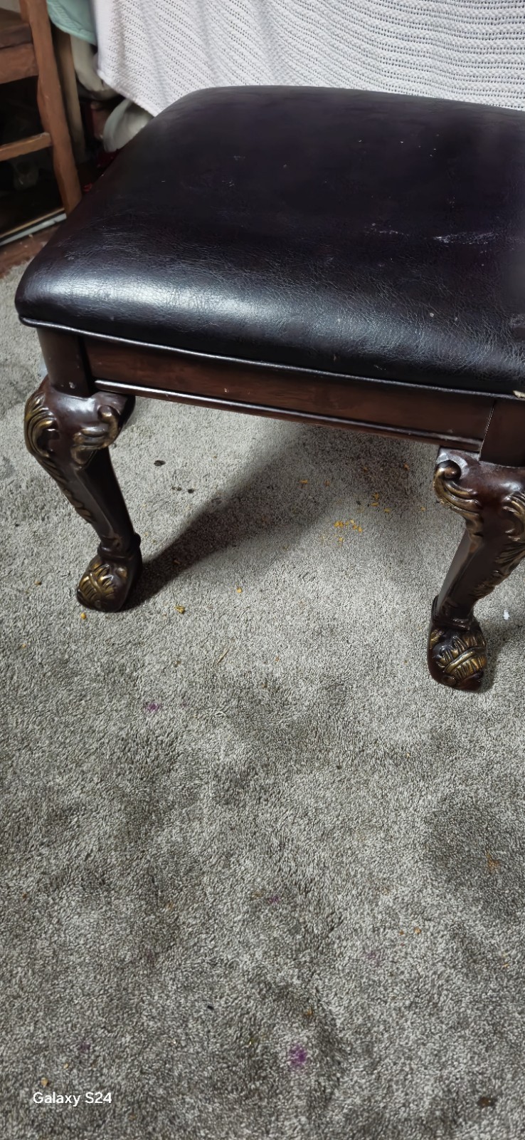 Ornate Wood Piano Bench Black Leather Seat with Storage Compartment