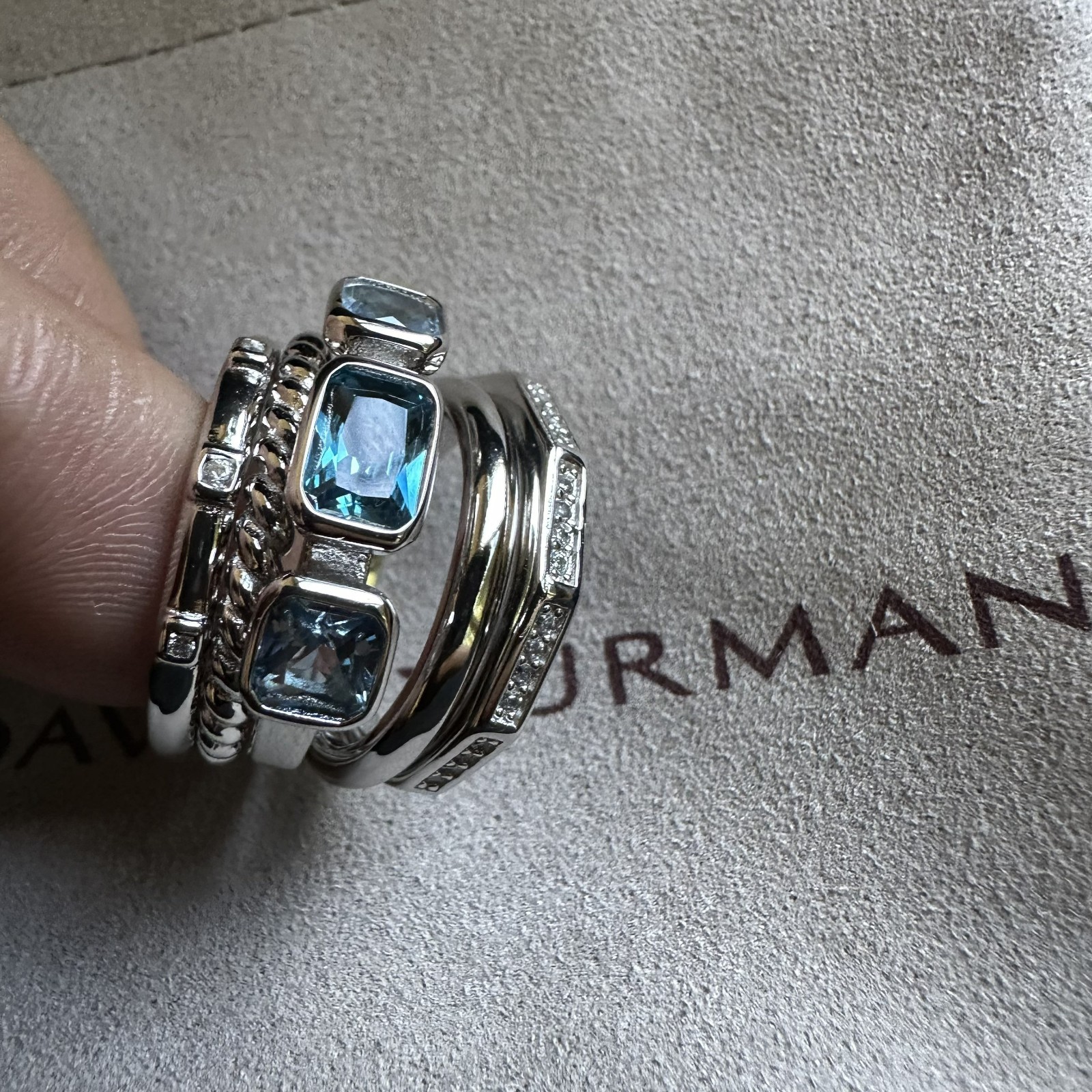 David Yurman Sterling Silver Stax Ring with Blue Topaz & Diamonds Size 7