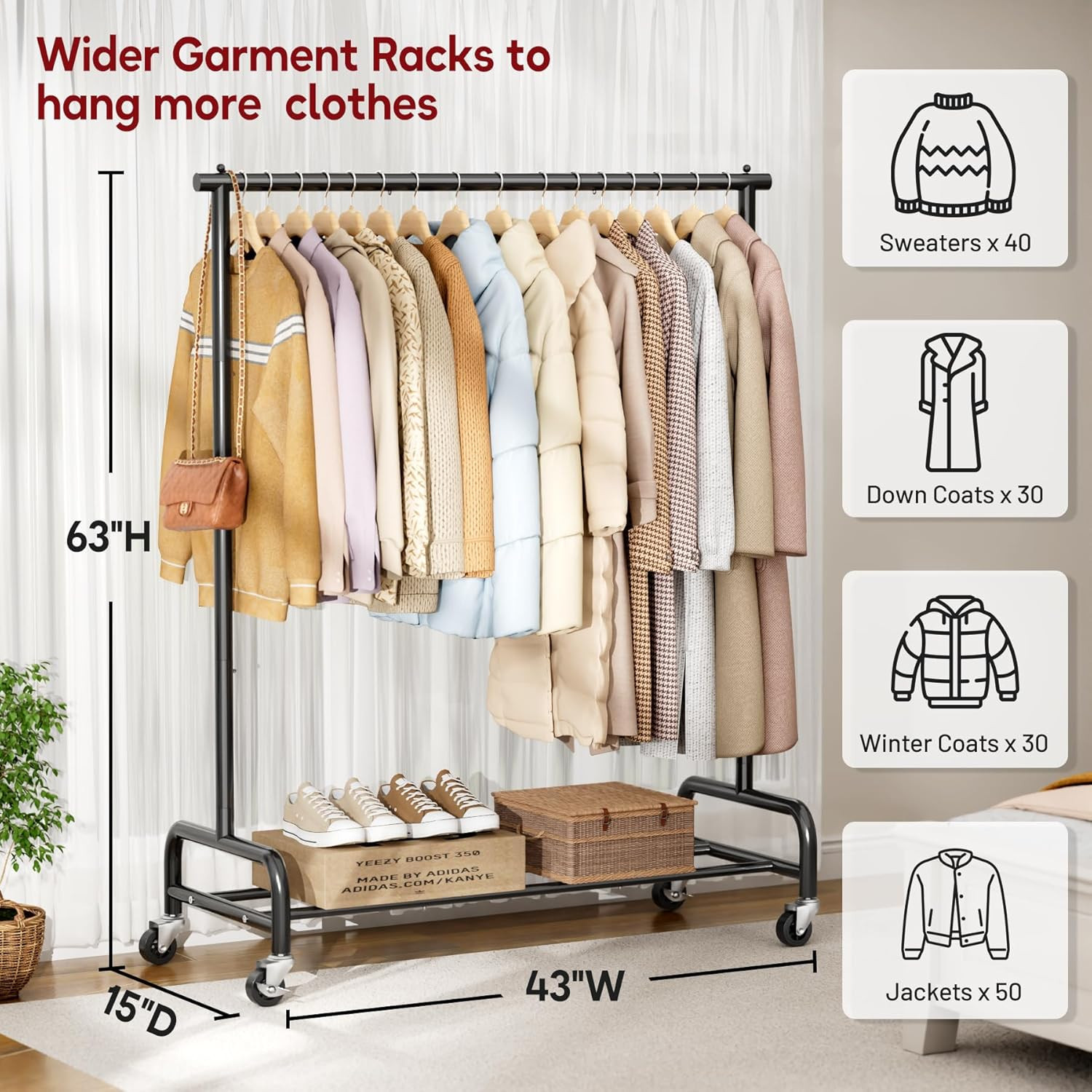 Heavy Duty Clothing Racks for Hanging Clothes Rack, 43" Wide Rolling Garment Rac