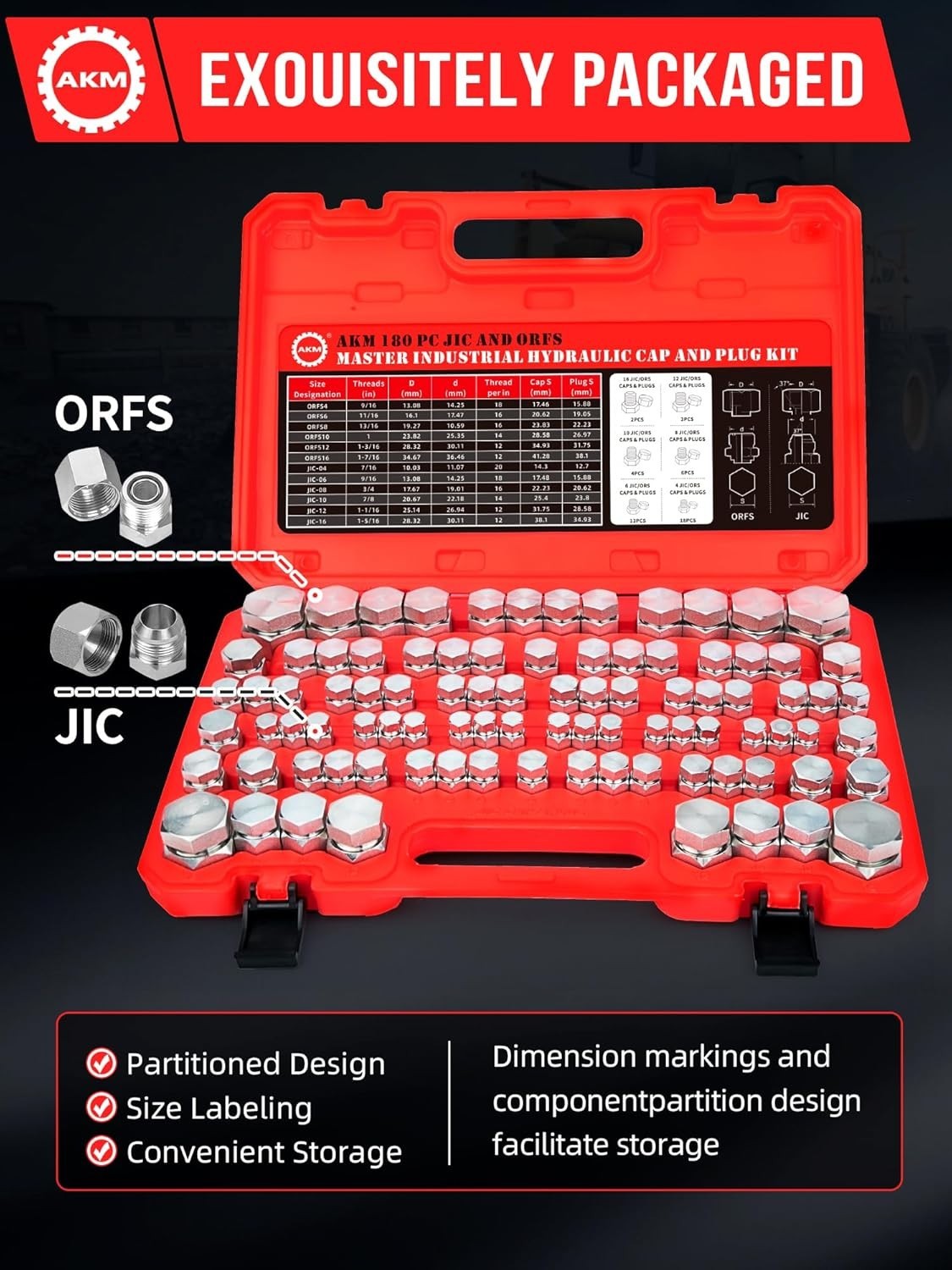 AKM 180 PC JIC and ORFS Hydraulic Cap and Plug Hose Tube and Pipe Fitting Kit
