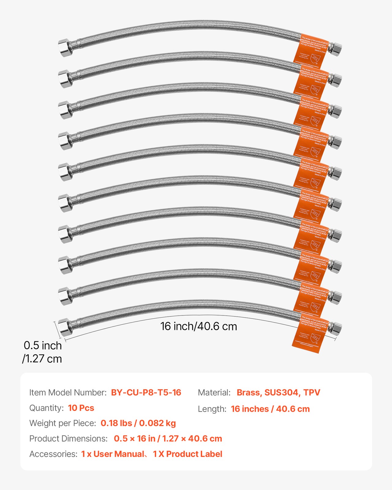 3/8" COMP 10PCS Faucet Supply Line Connector 16in Braided Stainless Steel