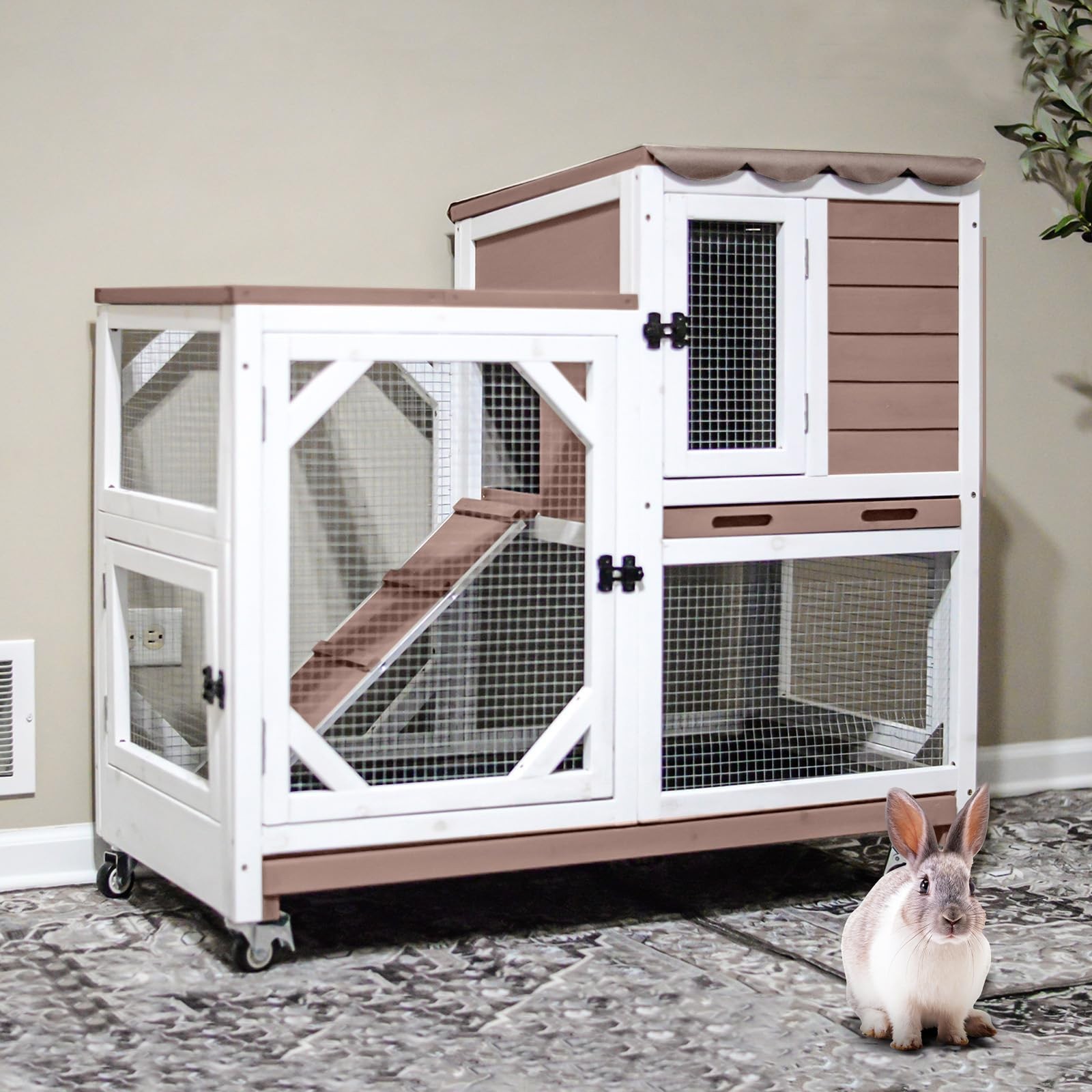 Rabbit Hutch Indoor Outdoor 2 Story Bunny House on Wheels Wooden Rabbit Cage