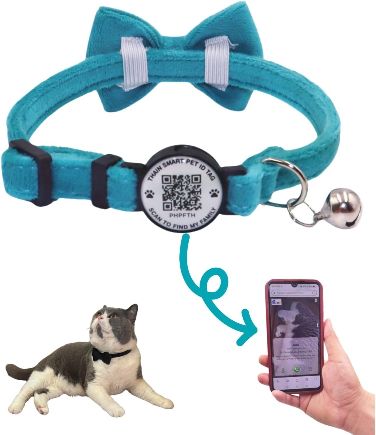 Cat Collar with Bell and Bowtie Breakaway QR Code Name Smart ID tag
