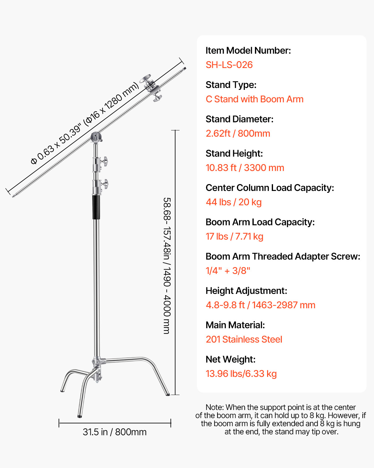 C Stand with Boom Arm Max Height 10.83 ft/330 cm Photography Light Stand