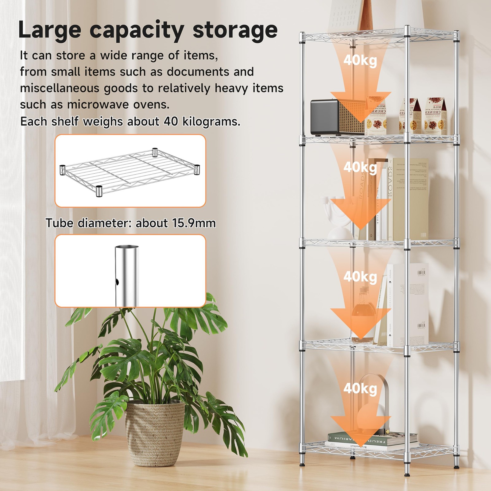 5 Tier Metal Storage Shelves Adjustable Chrome Wire shelves Industrial Shelves
