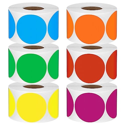 3600 Pcs 2" Round Color Coding Circle Dot Labels on 6 Rolls, 600 Count Each,