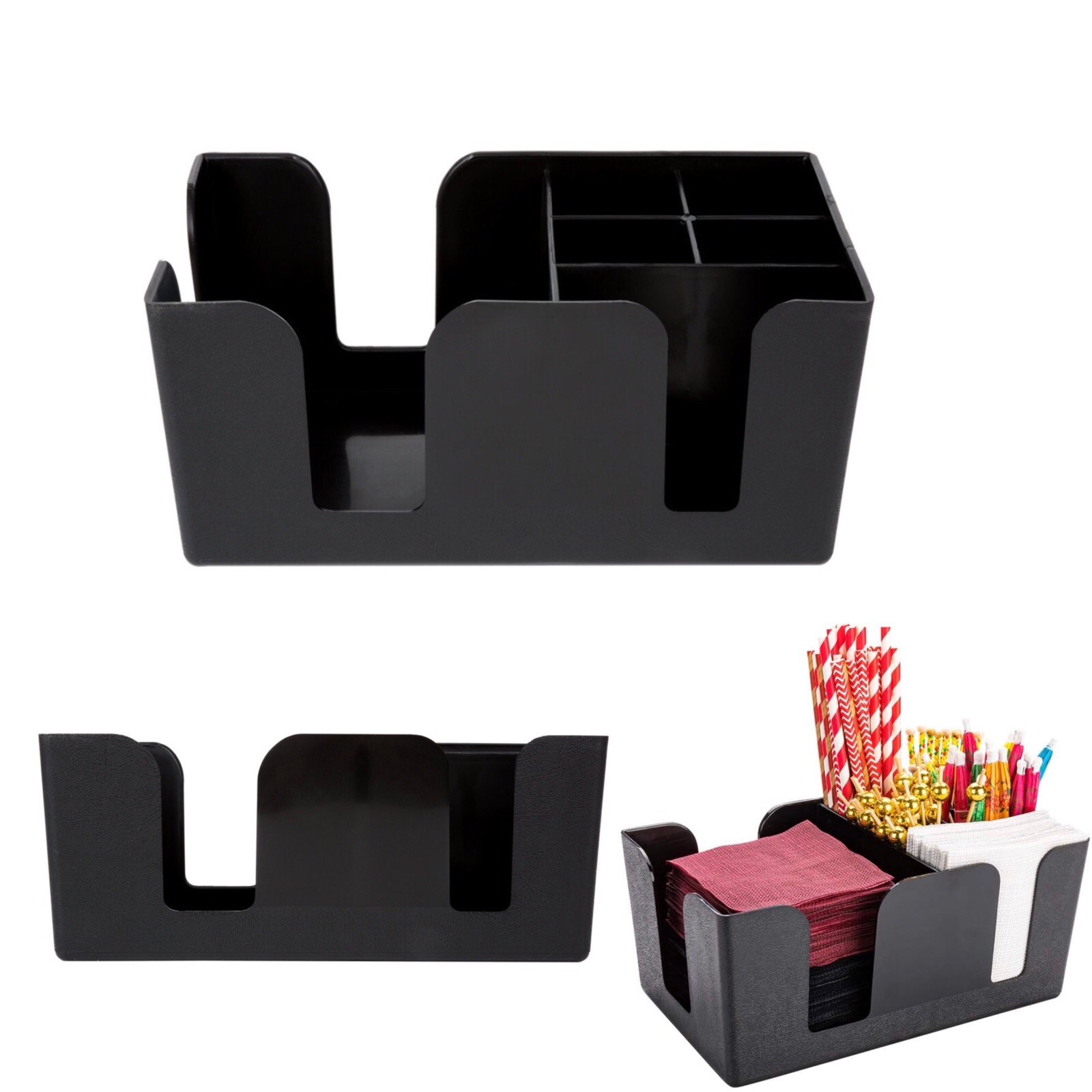 Black Plastic Bar Caddy Utensil Caddy/Holder for Napkin & Straw 6 Compartments