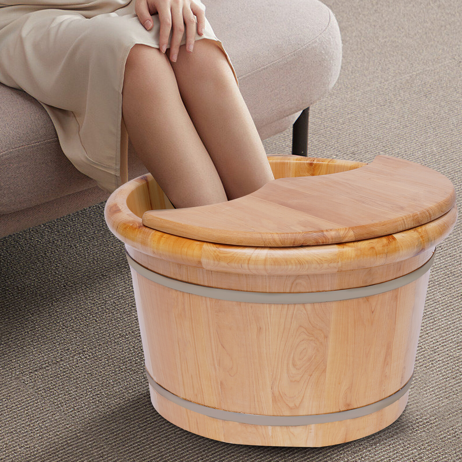 Cedar Wood Foot Basin +Massager Wooden Bucket Foot Bath Massage Plus Cover Plate