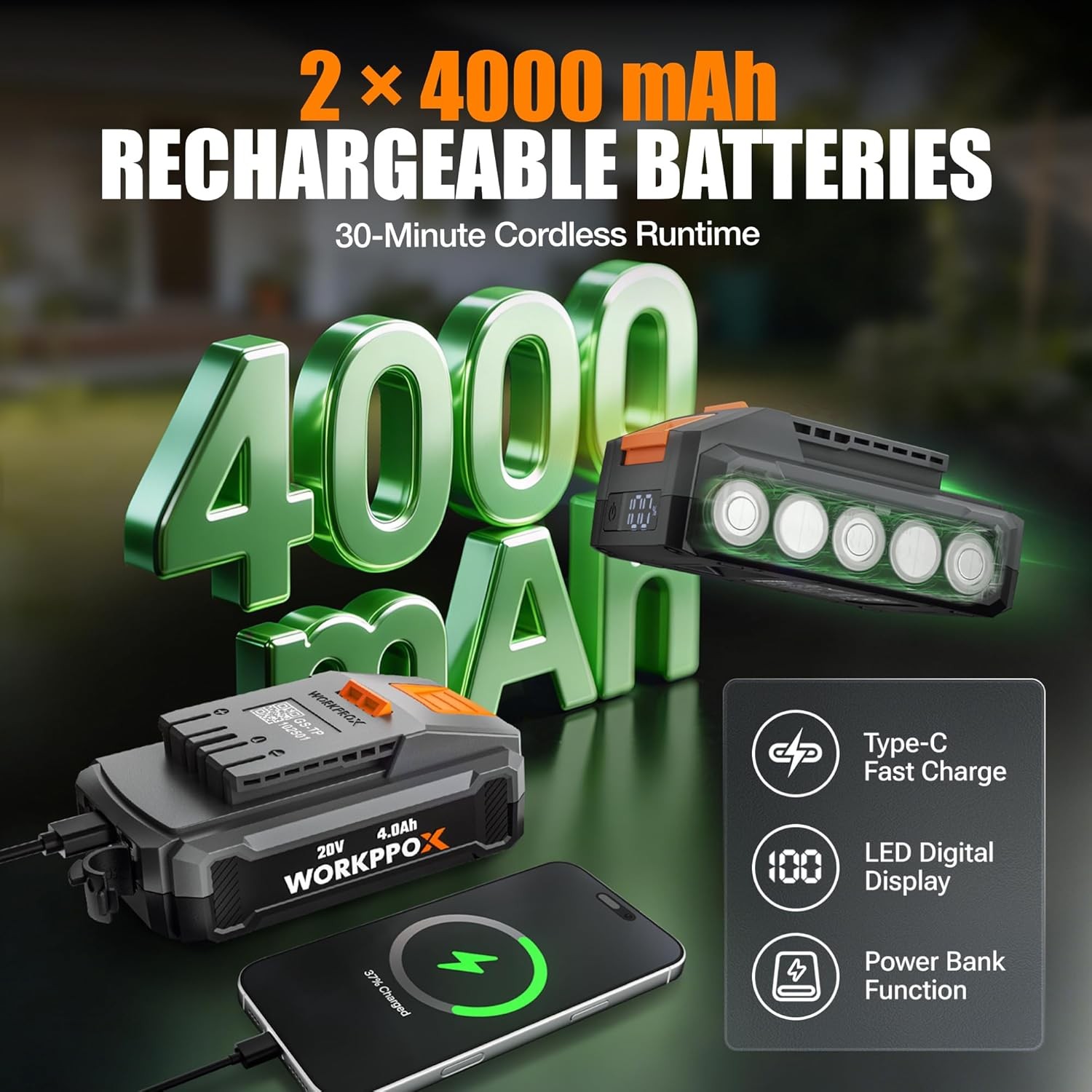 WORKPROX 40V Electric Auger Post Hole Digger 8" Earth Auger Brushless 4A Battery