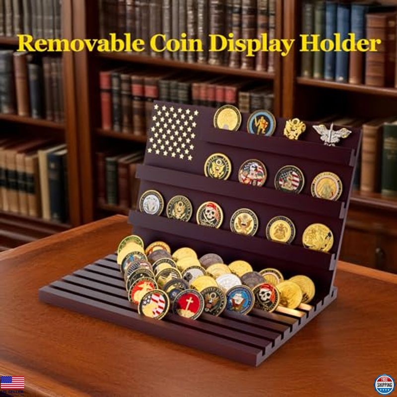 Premium Wooden Challenge Coin Display Stand - 11 Row Military Coin Holder Rack