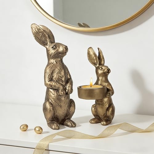 Golden Easter Bunny Figurines Set of 2, Gilded Resin set of 2 Gold Bunny