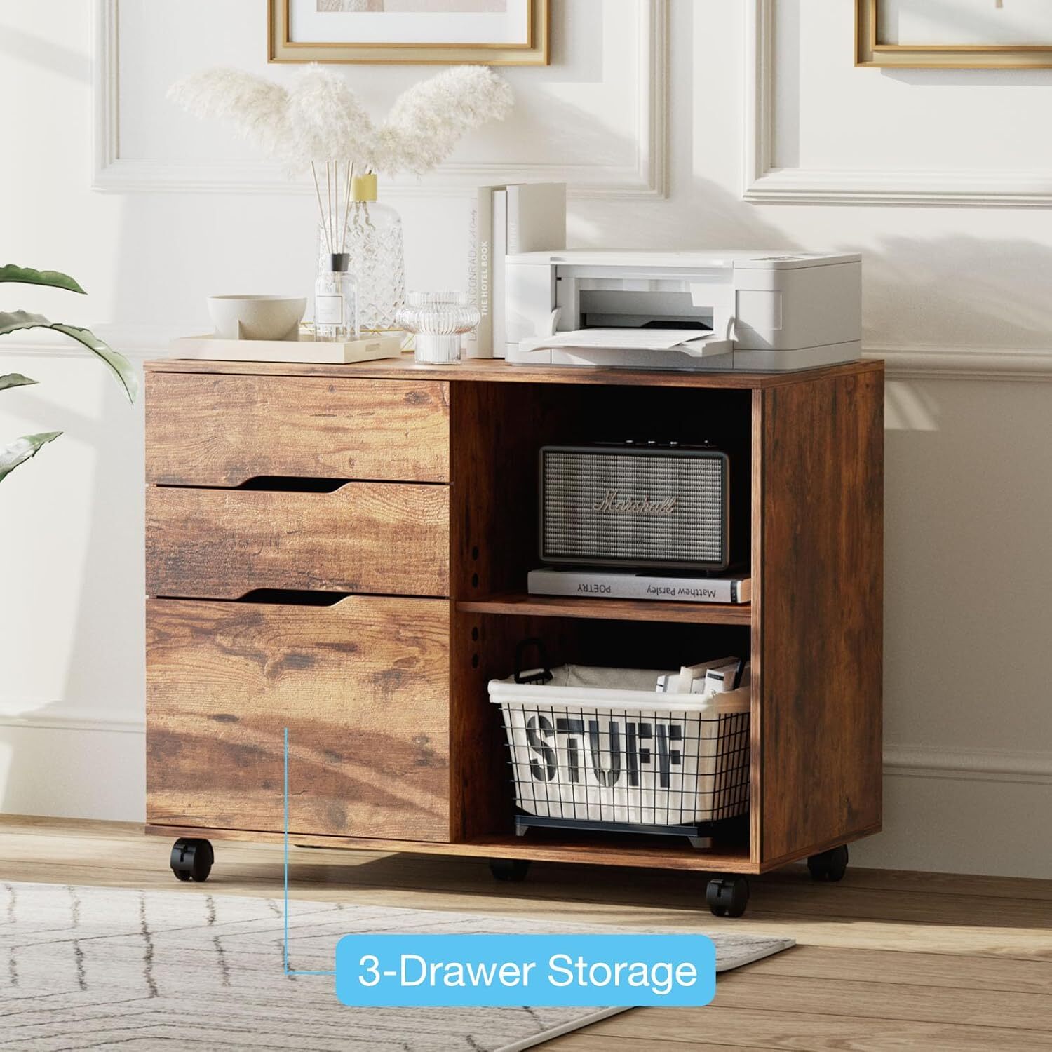 3-Drawer File Cabinet Lateral Mobile Cabinet Wood Under Desk Storage Organizer