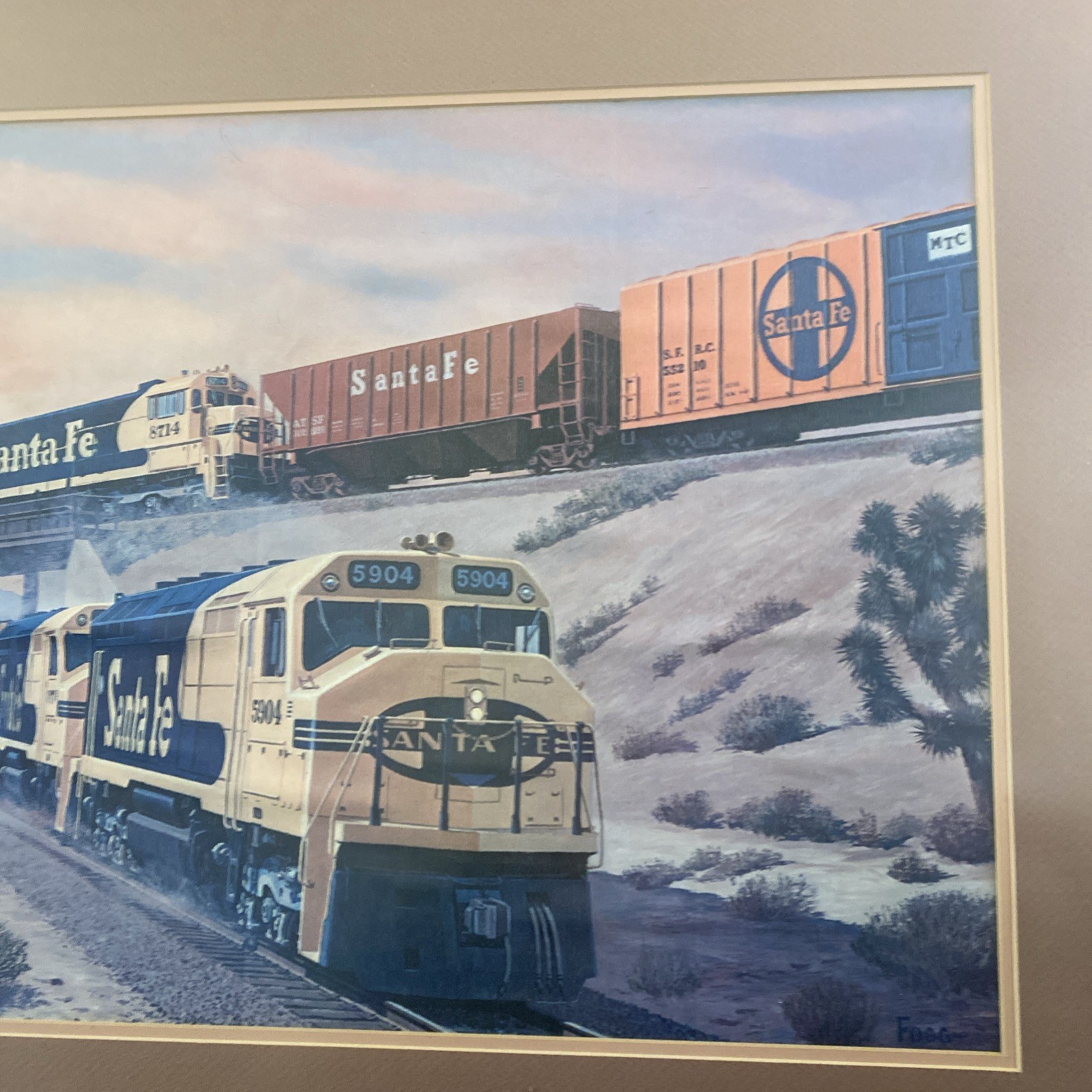 VINTAGE SANTA FE TRAINS ADVERTISEMENT LARGE FRAMED PRINT FOGG 41”x31”