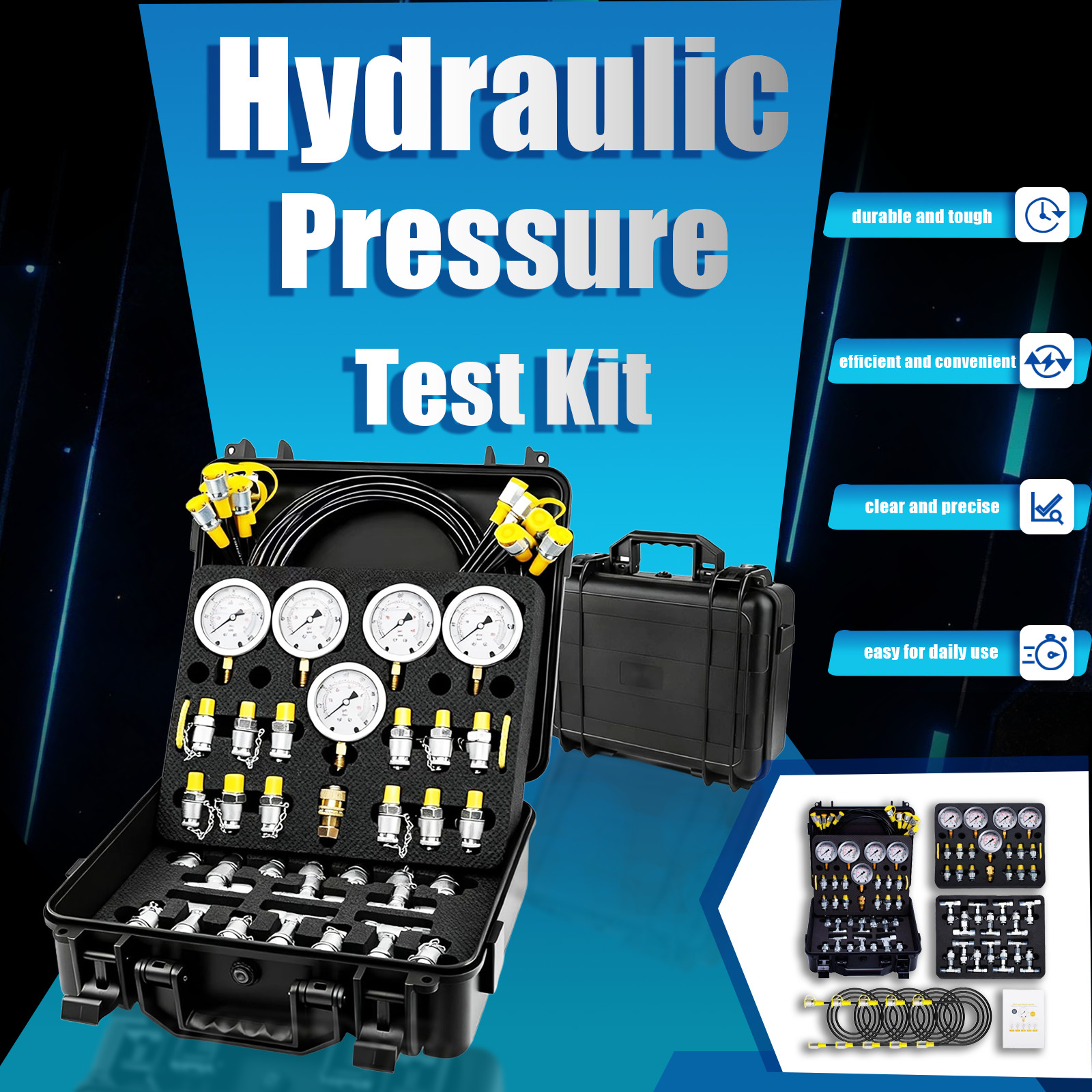 60Mpa Hydraulic Pressure Test Kit 5 Gauges 13 Couplings 14 Tee Connectors 5 Hose