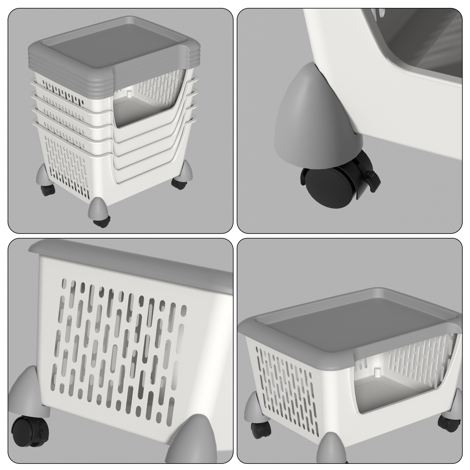 Idotry 5pcs Plastic Stackable Storage Bins - Gray Large Storage Basket w/ Wheels