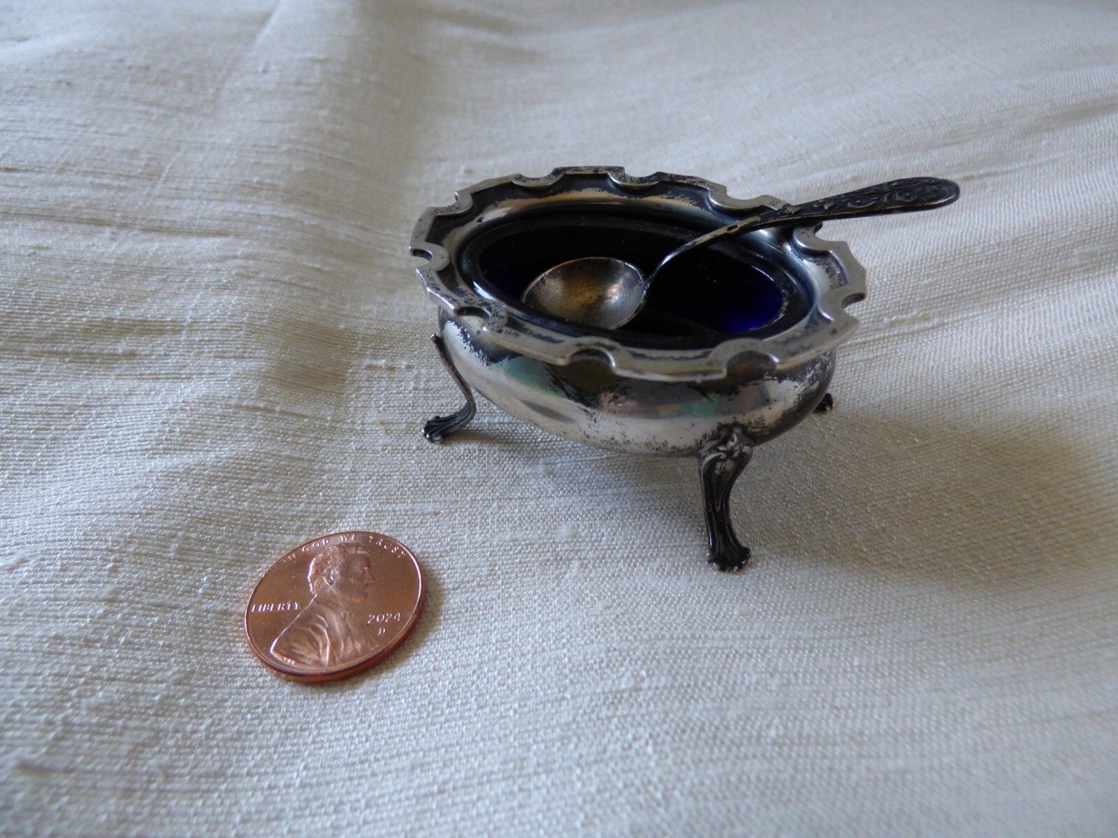 Sterling Silver Salt Cellar With Cobalt Blue Glass Liner & Spoon Webster Company