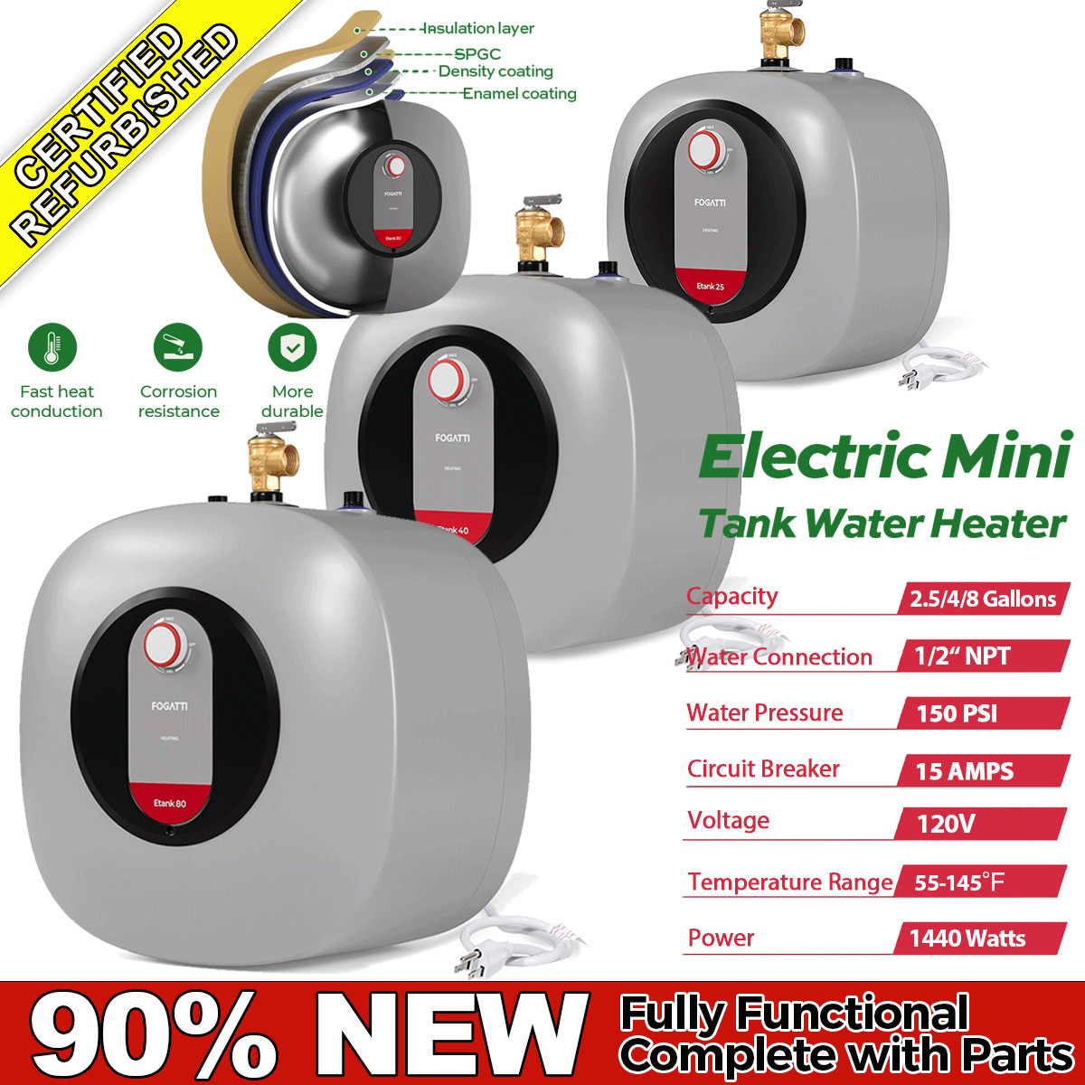 8/4/2.5 Gallon Electric Mini Tank Hot Water Heater Kitchen Sink Compact 1440W