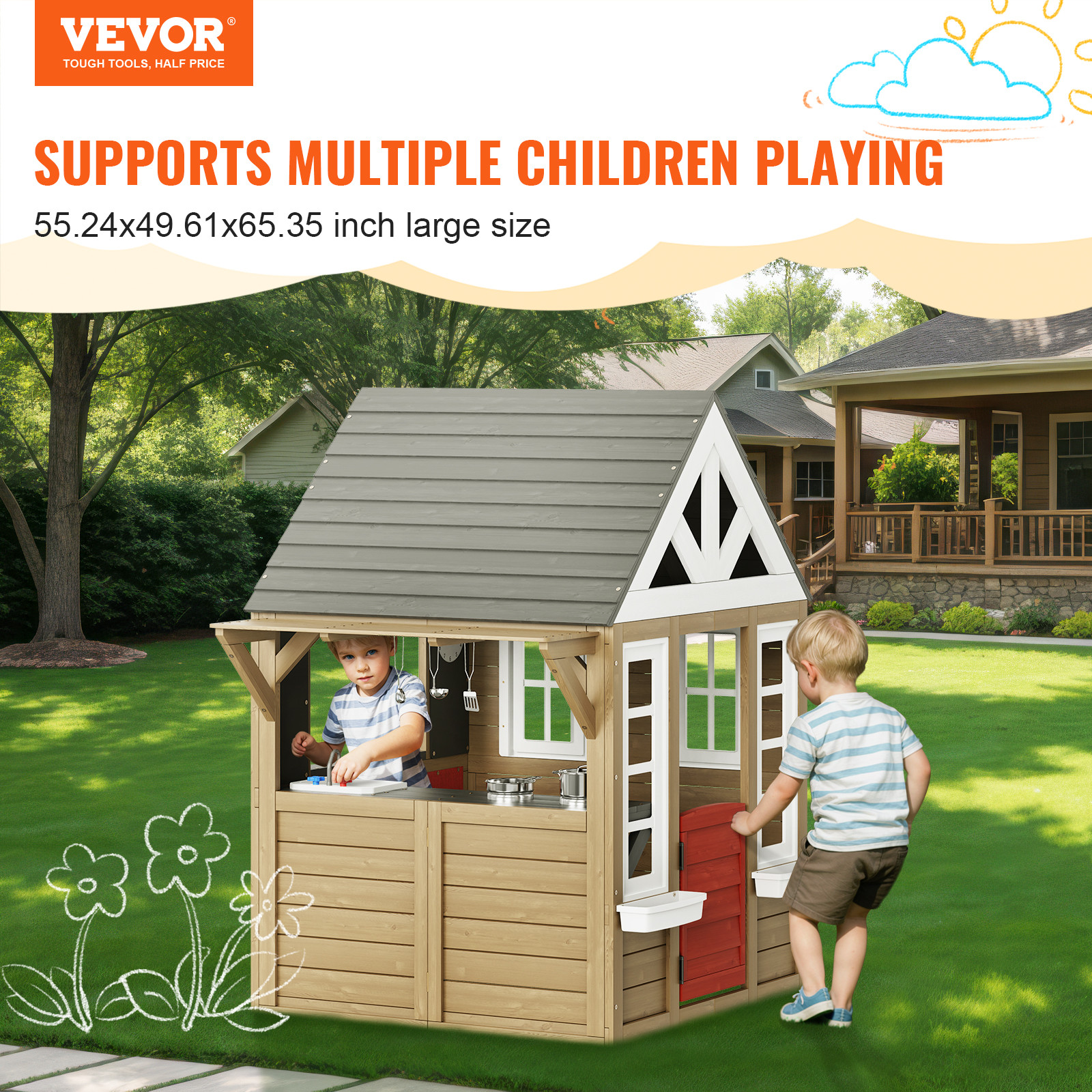 VEVOR Outdoor Wooden Playhouse Kids Garden Games Cottage with Door Window Sink
