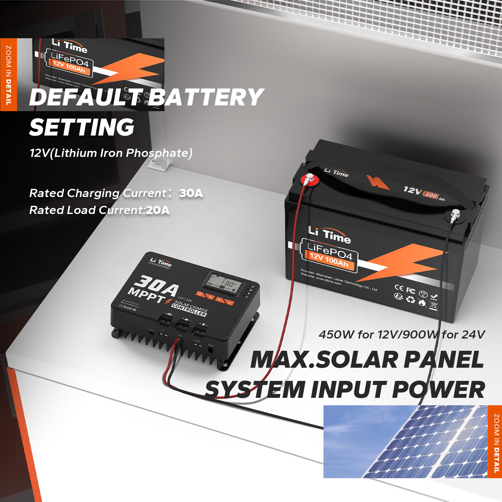 Litime 30 Amp 12V/24V DC Input Bluetooth MPPT Solar Charge Controller