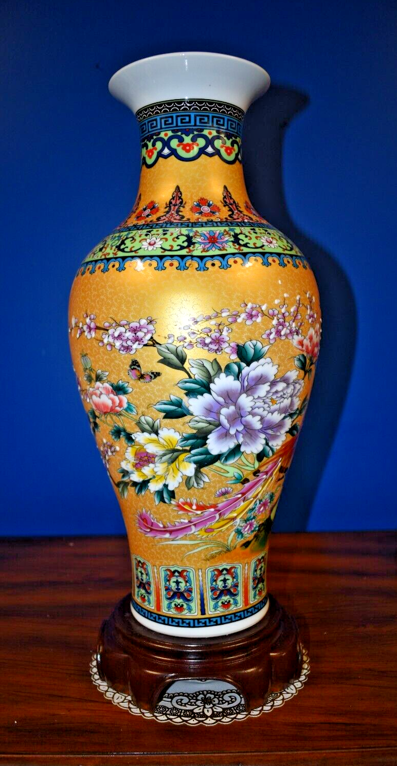 18" GOLDEN PHOENIX BIRD CHINESE JINGDEZHEN PORCELAIN VASE W/STAND