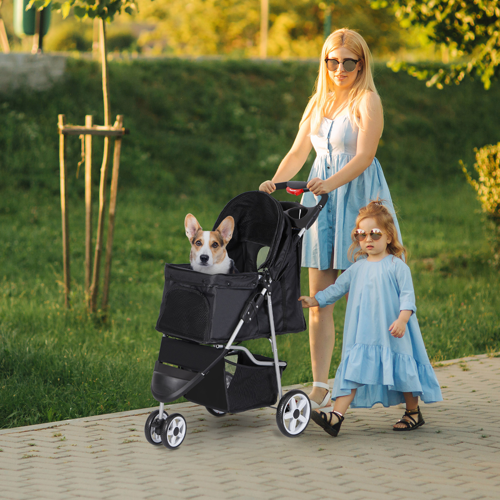 Dog Stroller Pet Travel Carriage 3 Wheeler w/Foldable Carrier Cart W/Cup Holder
