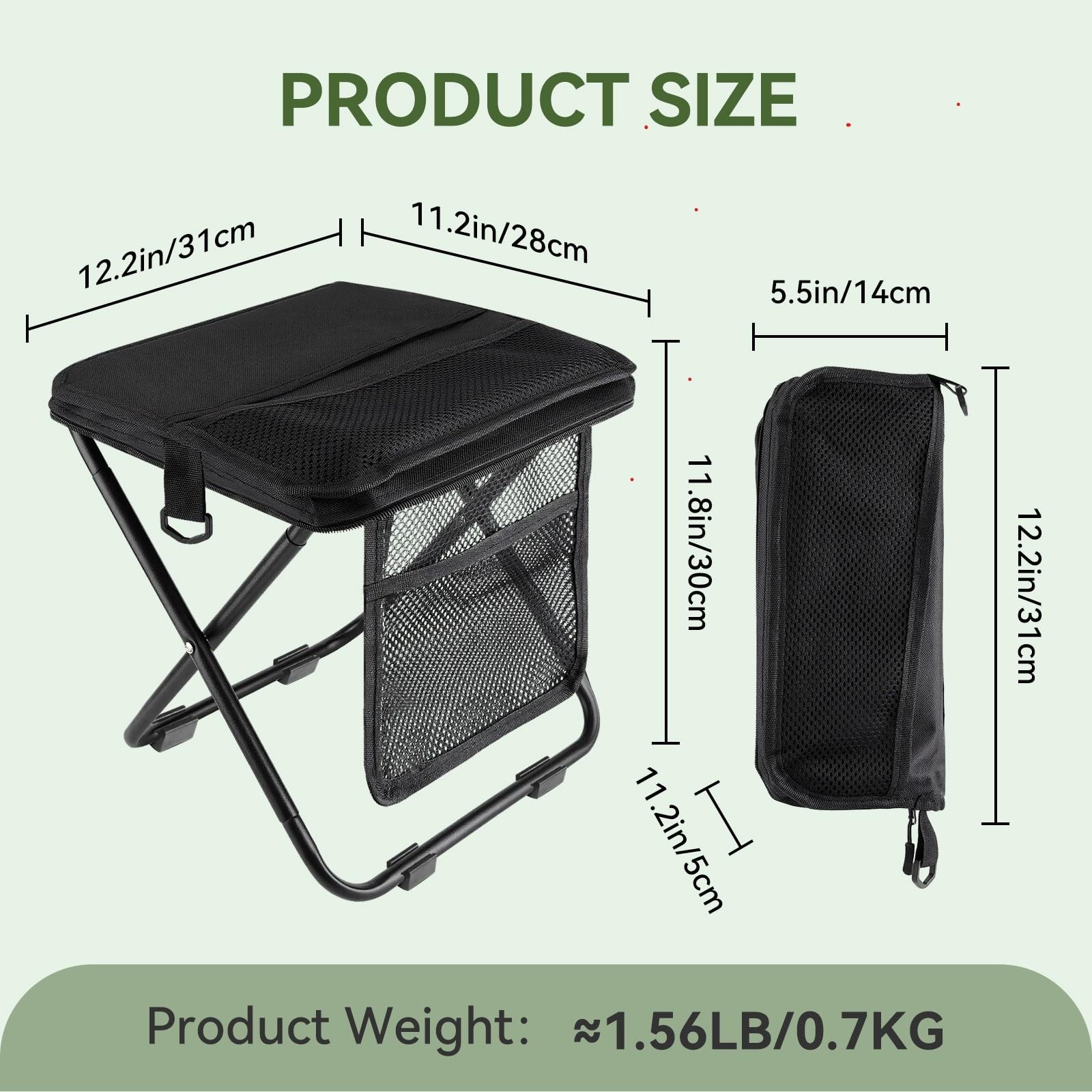 Portable folding stool with dual storage pockets and side pockets Compact adu...